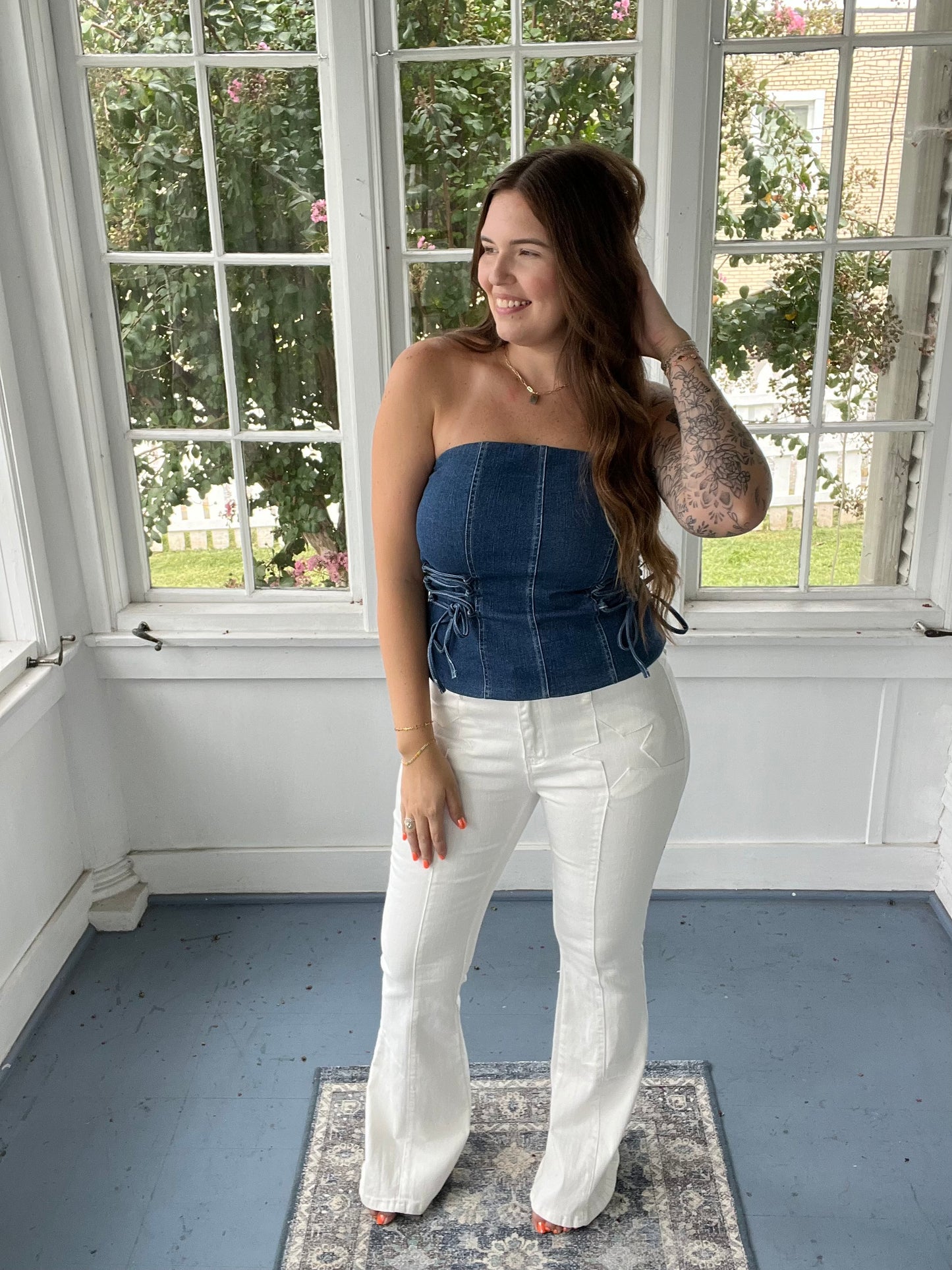 White Flare Jeans w/ Star Detail