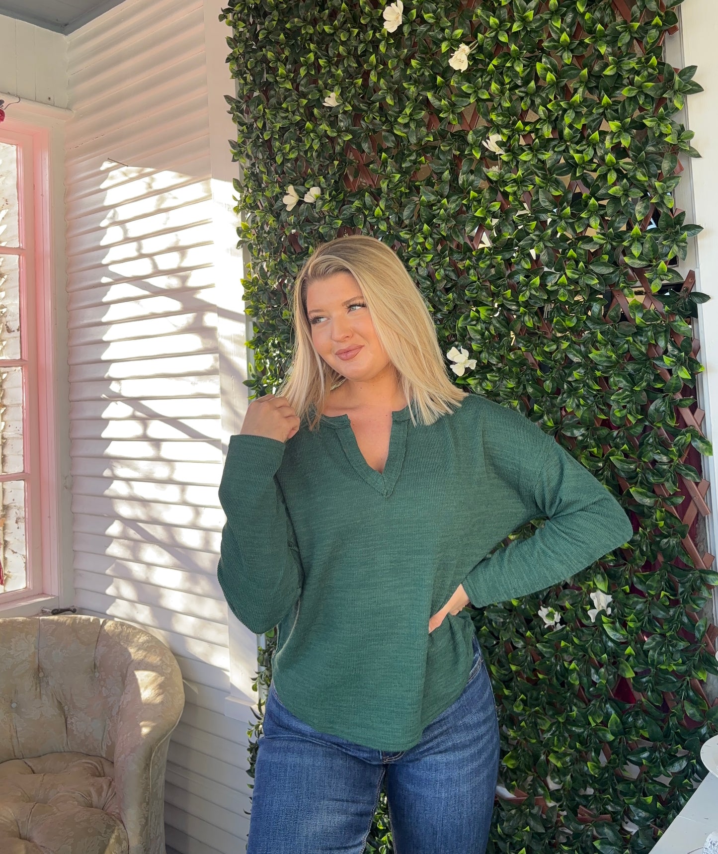 Green Vneck LS Top