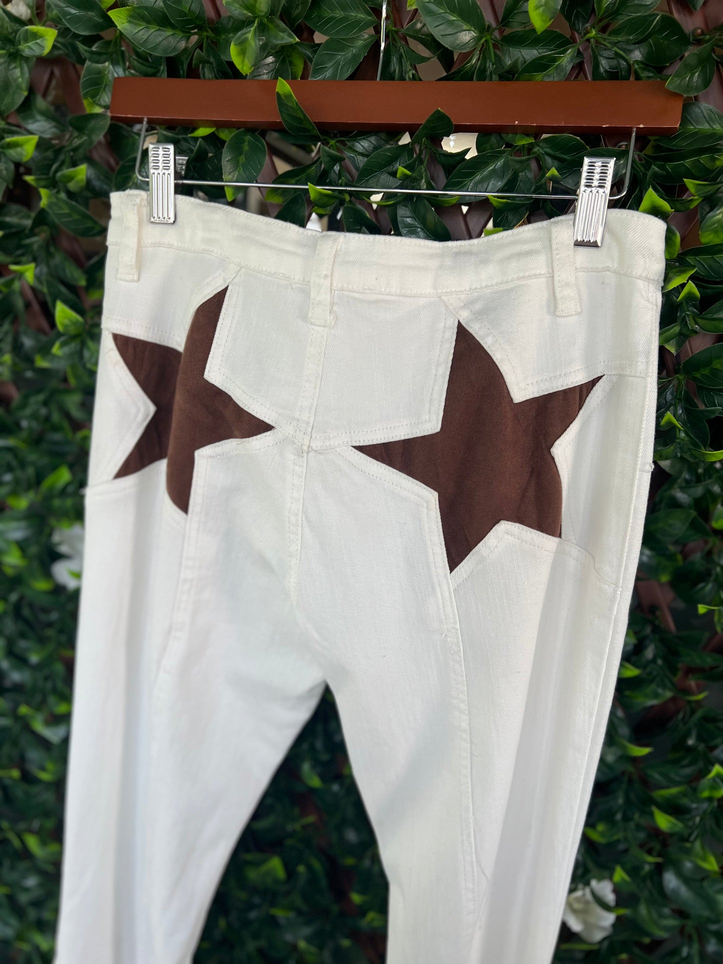 White Bell Bottom Jeans w/ Brown Star Back-Pocket Detail