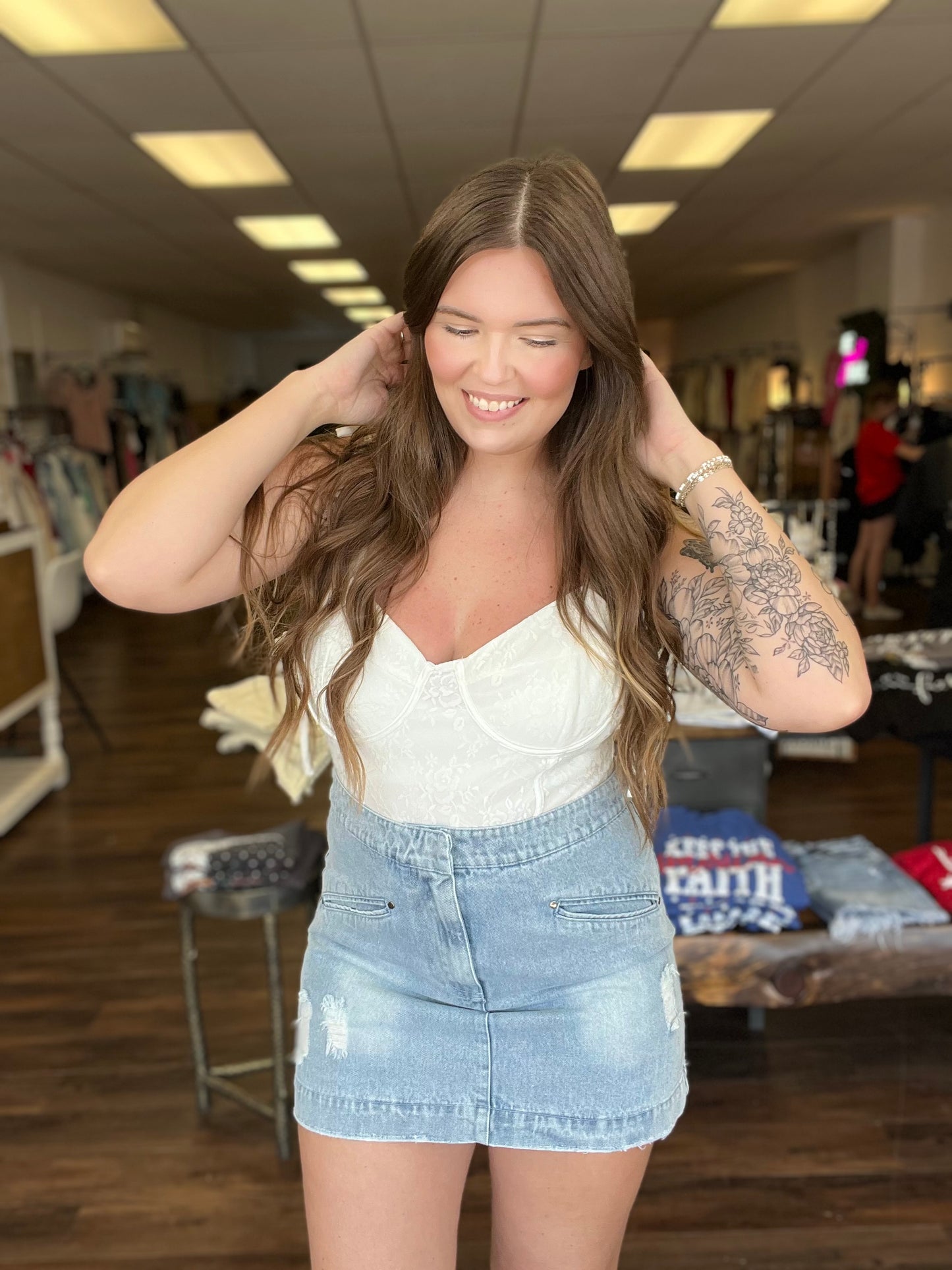 Slant Pocket Distressed Denim Skirt