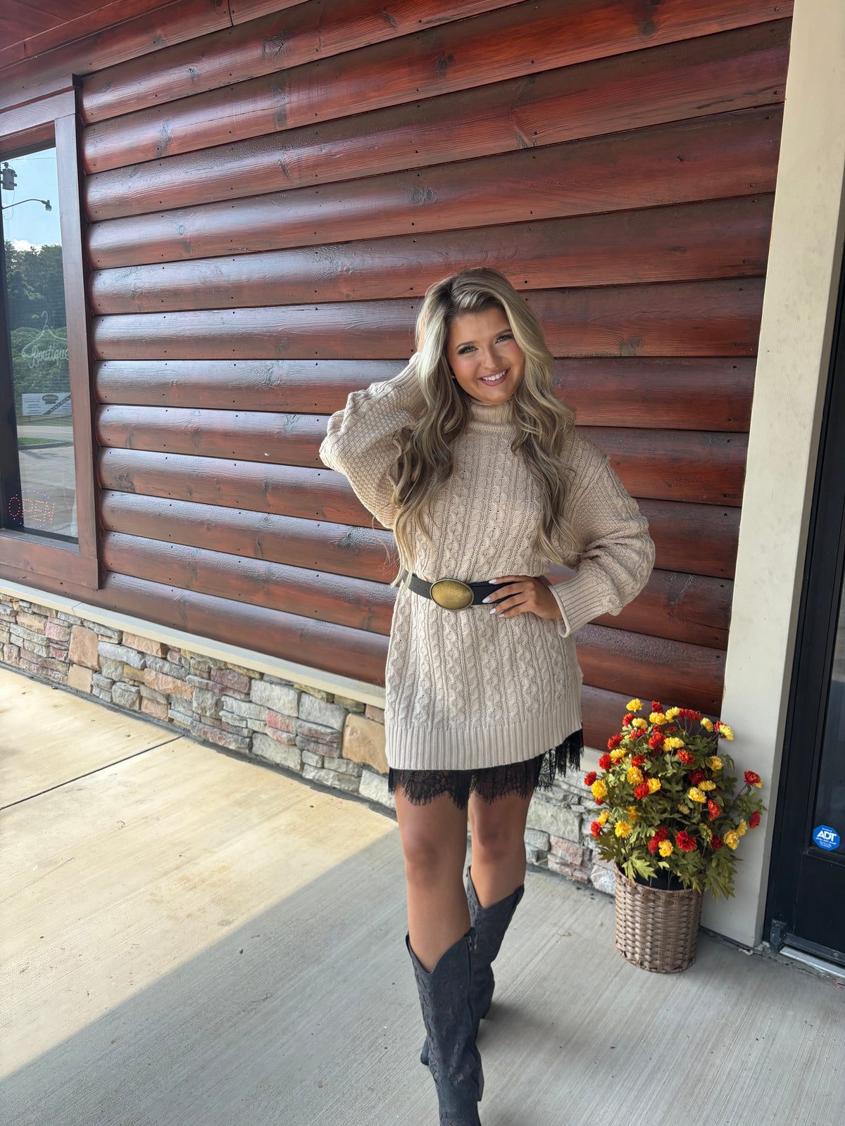 Cable Knit Mock Neck Mini Sweater Dress
