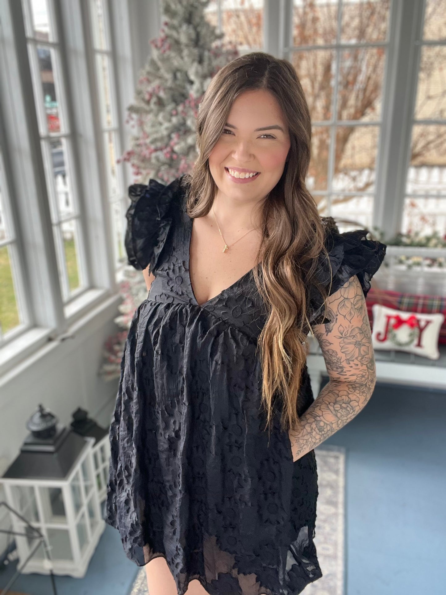 Black V-Neck Flower Stitched Romper