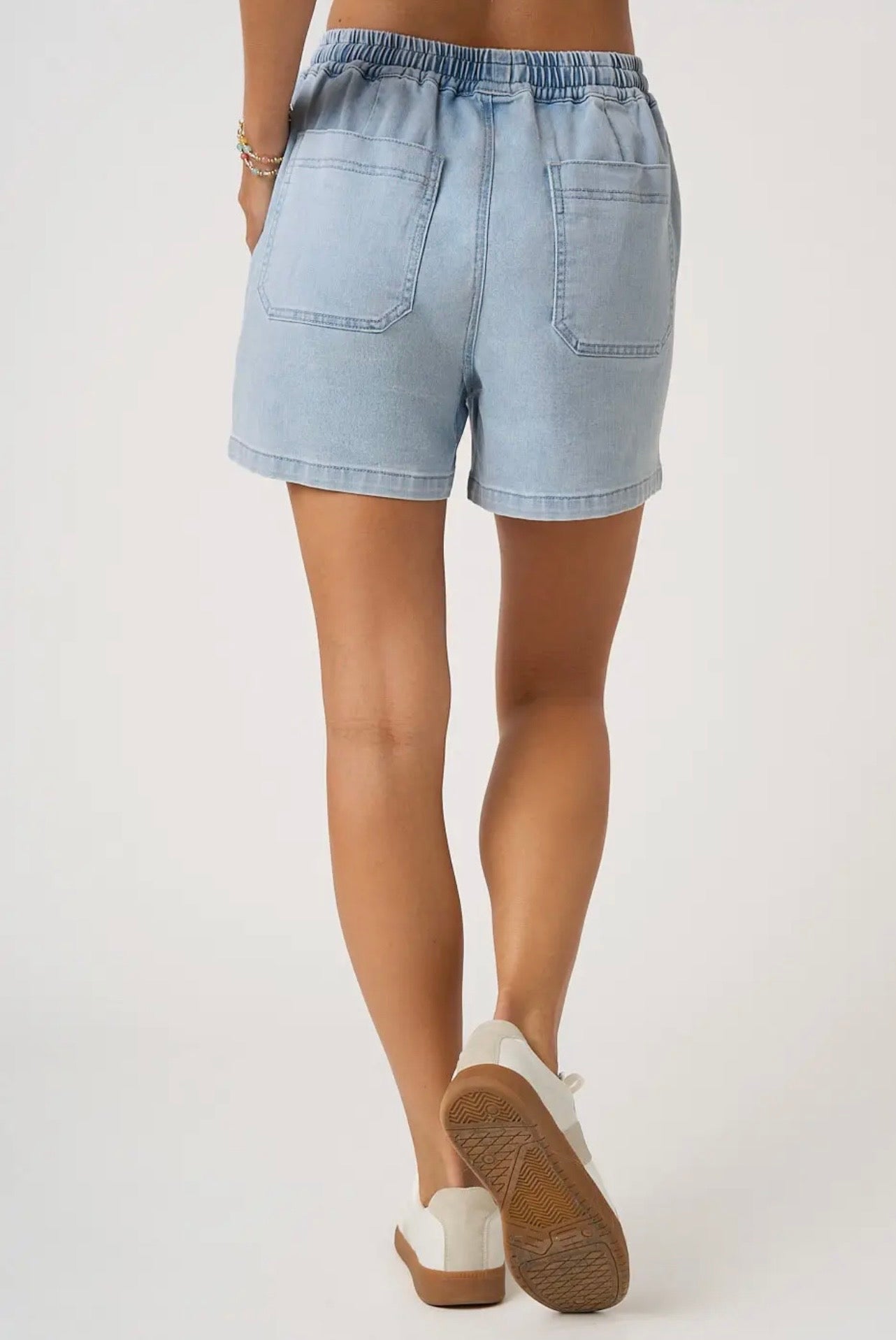 Elastic Waist Drawstring Denim Shorts