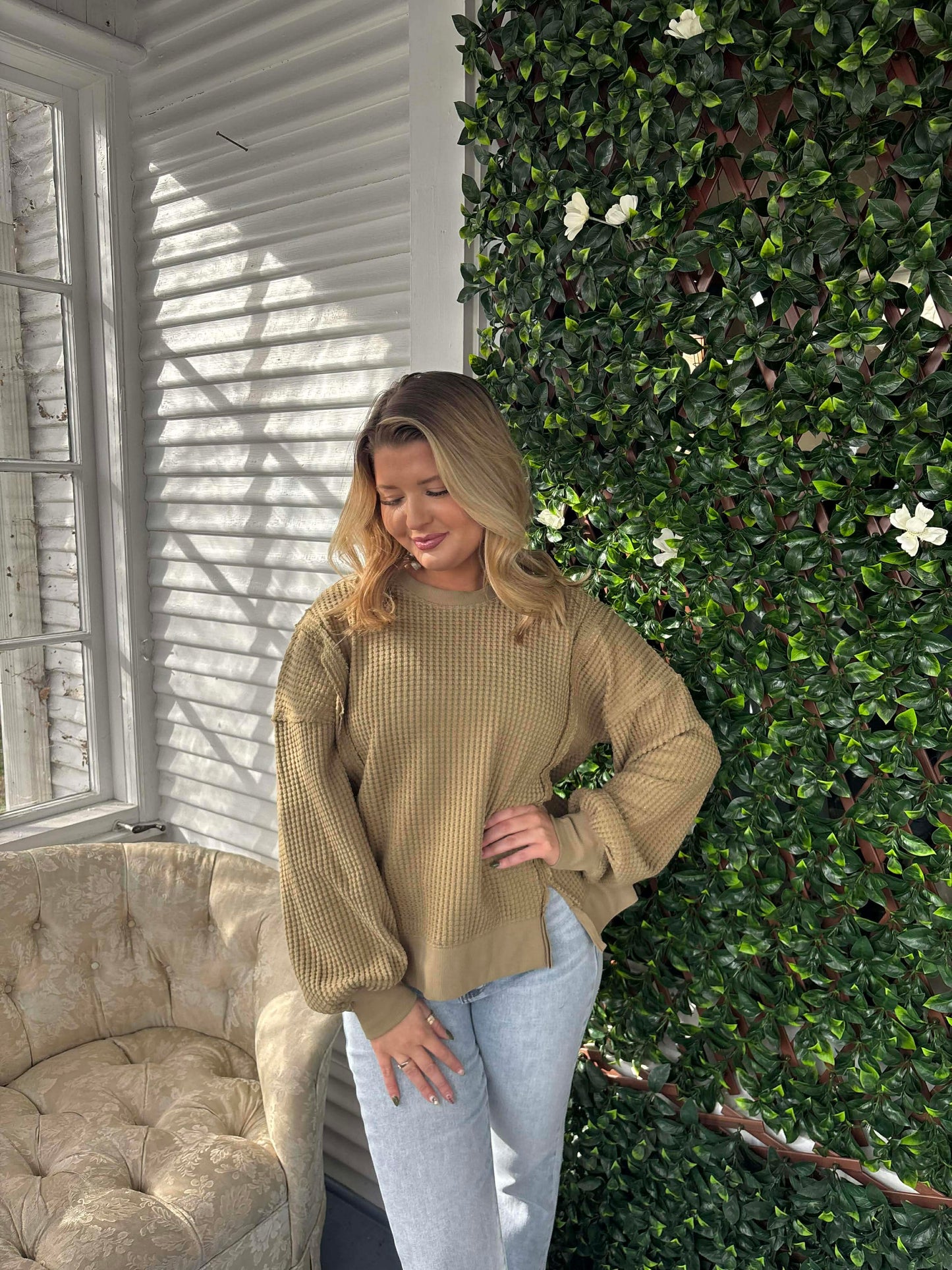 Green LS Waffle Knit Top
