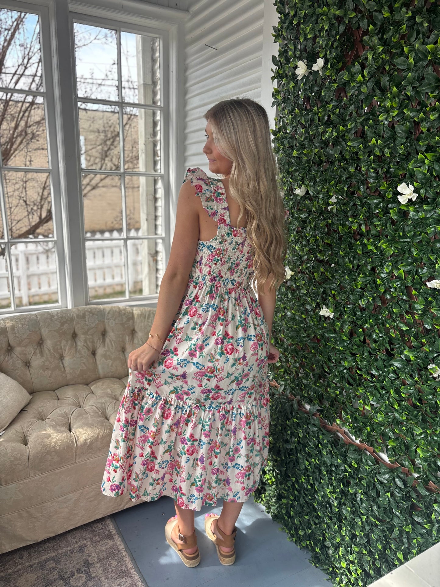 Smocked Floral Maxi With Button Detail