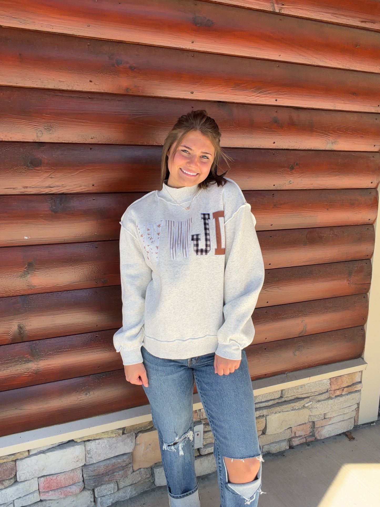 WWJD Patchwork Embroidered Mock Neck Sweatshirt