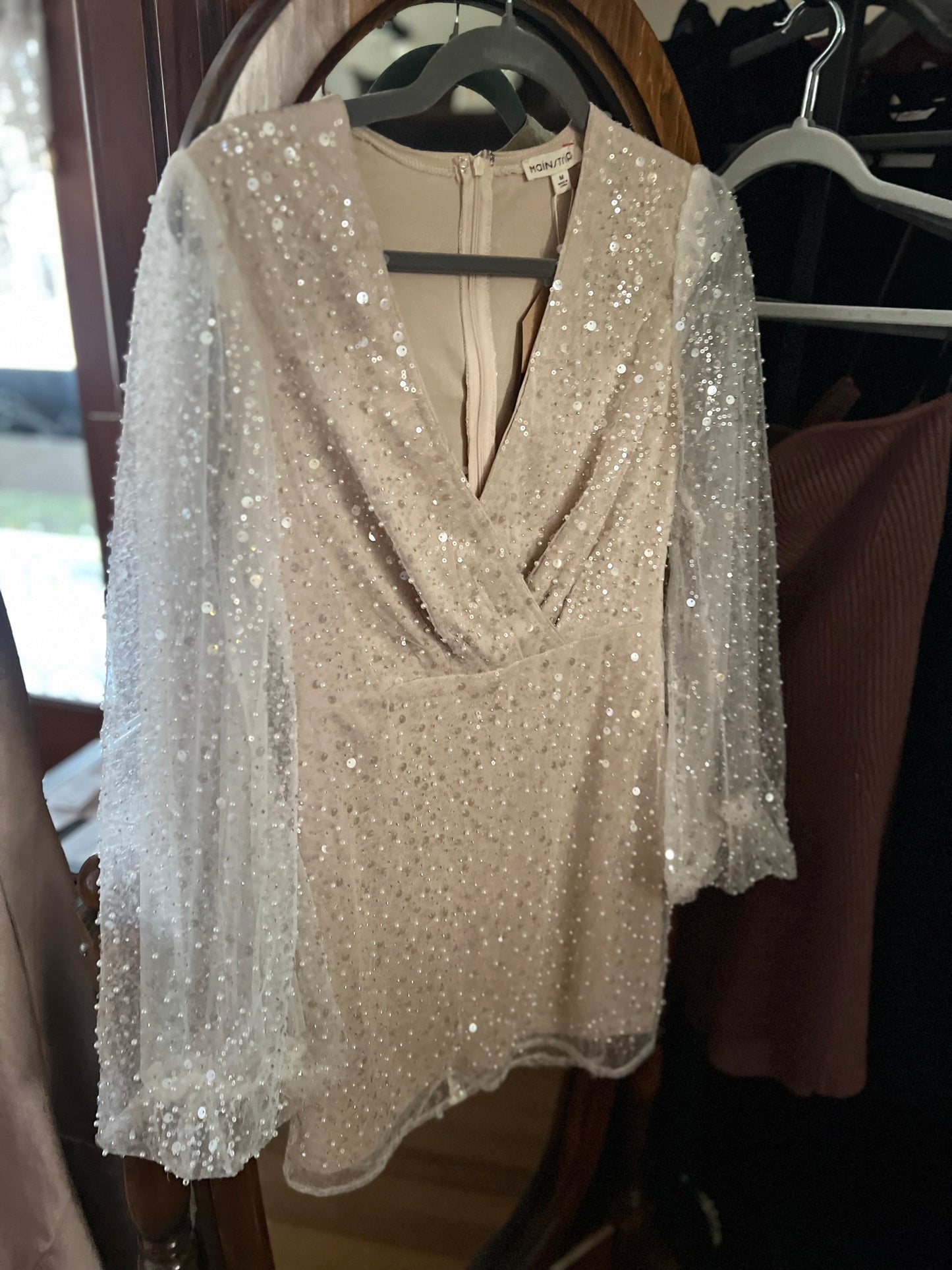 Sheer LS Beaded Vneck Dress