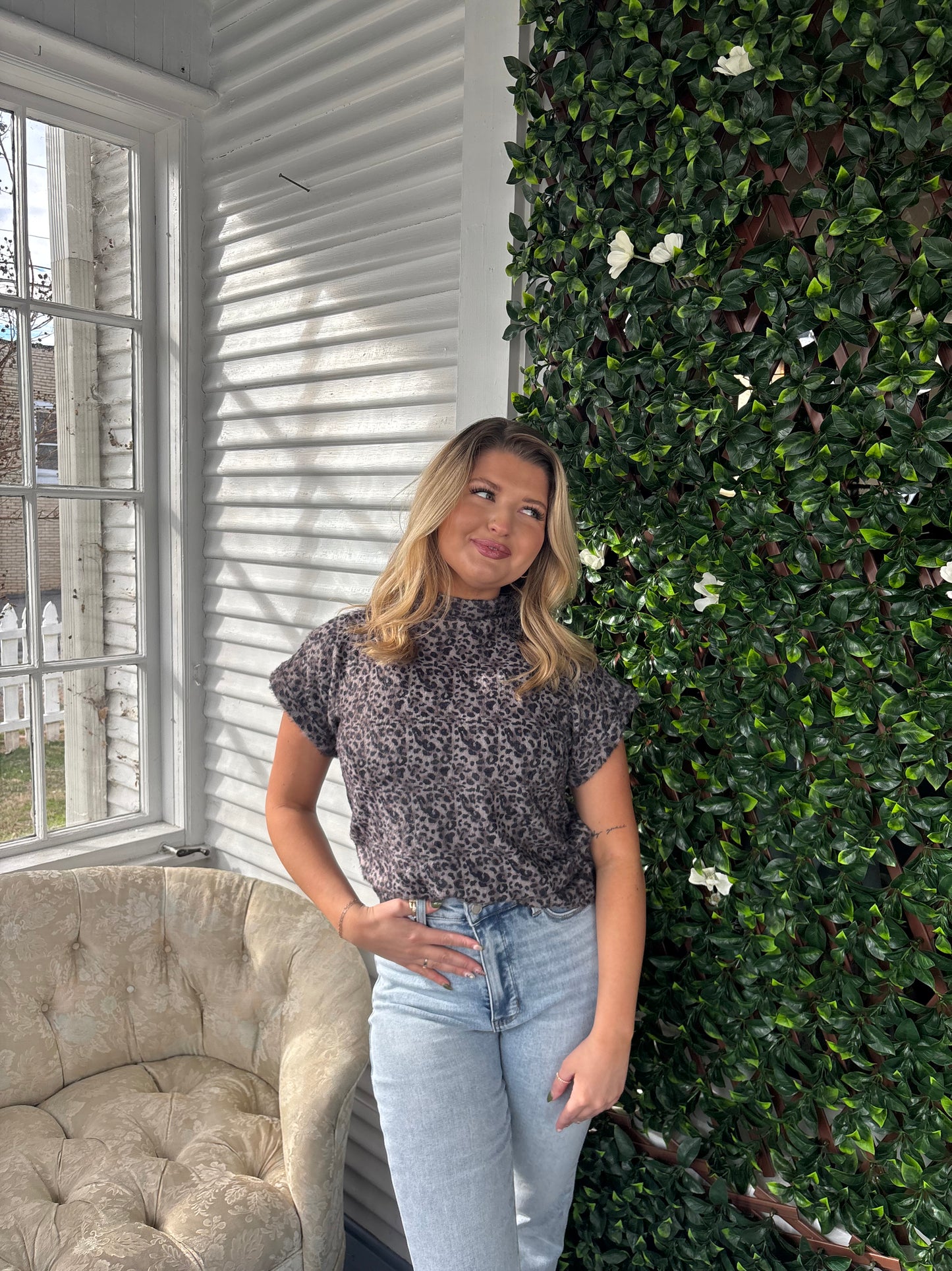 Mock Neck Grey Leopard Top