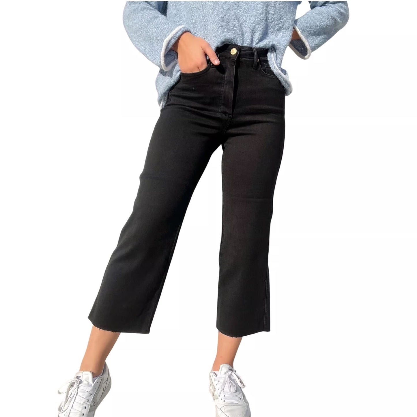 High Waist Tummy Control Wide Crop Black Jeans