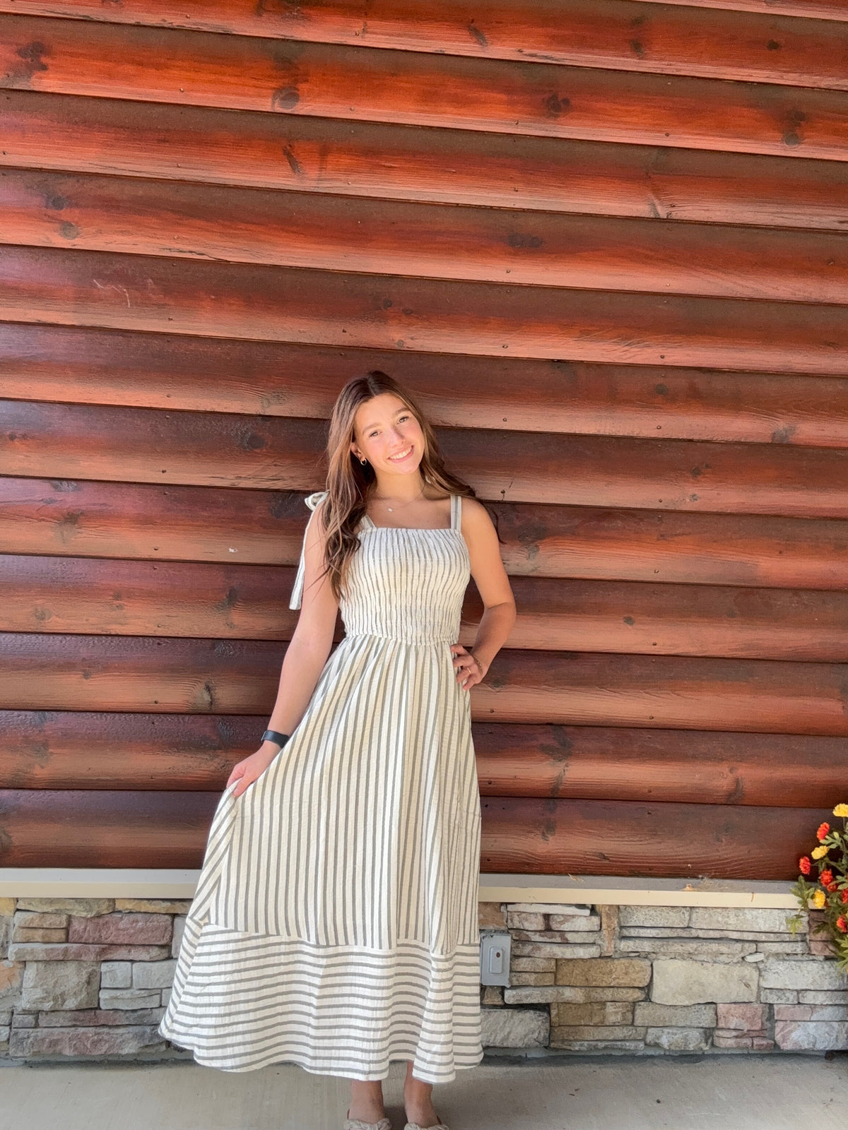 Olive Stripe Smocked Tie Strap Basque Waist Maxi