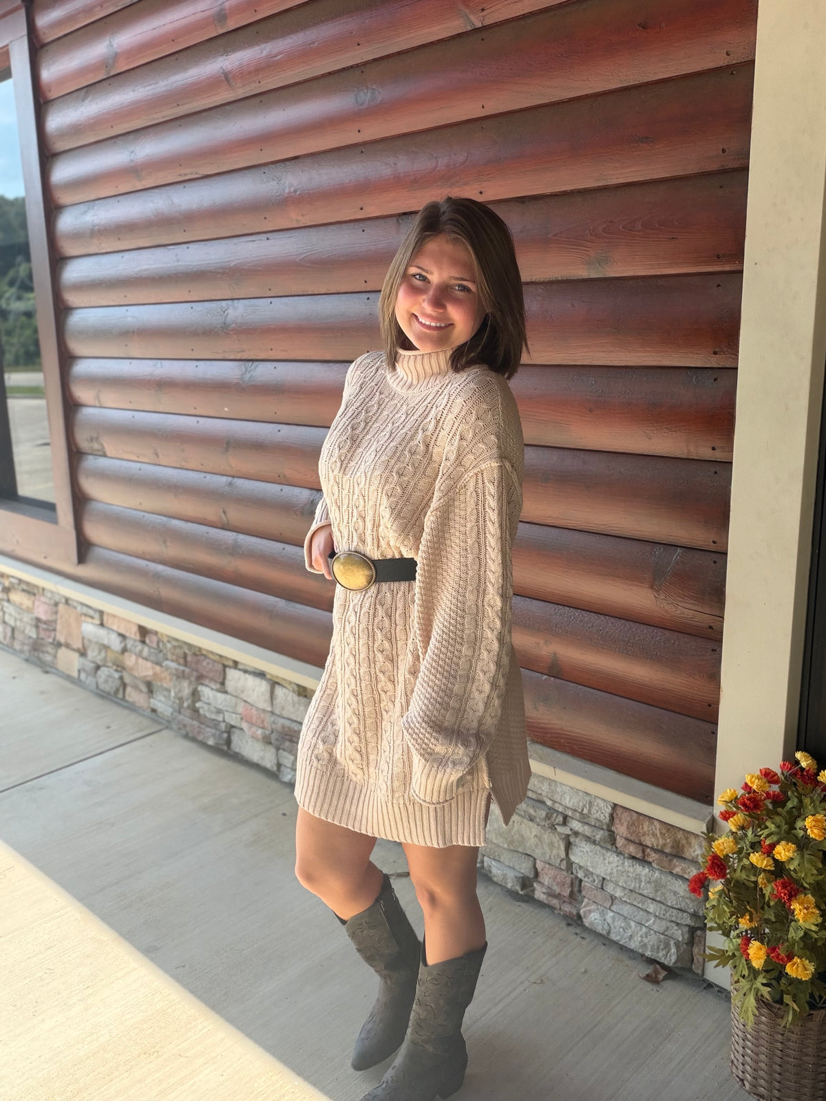 Cable Knit Mock Neck Mini Sweater Dress