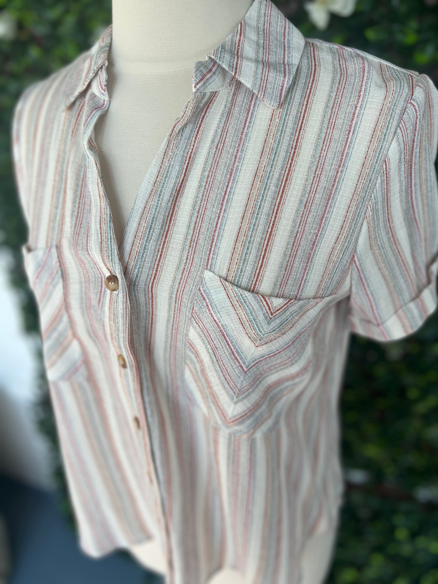 Multicolor Stripe SS Button Down Top
