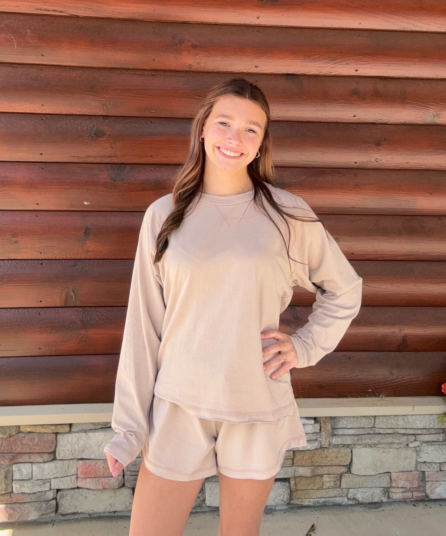 Mineral Wash LS Raw Edge Top & Shorts Set