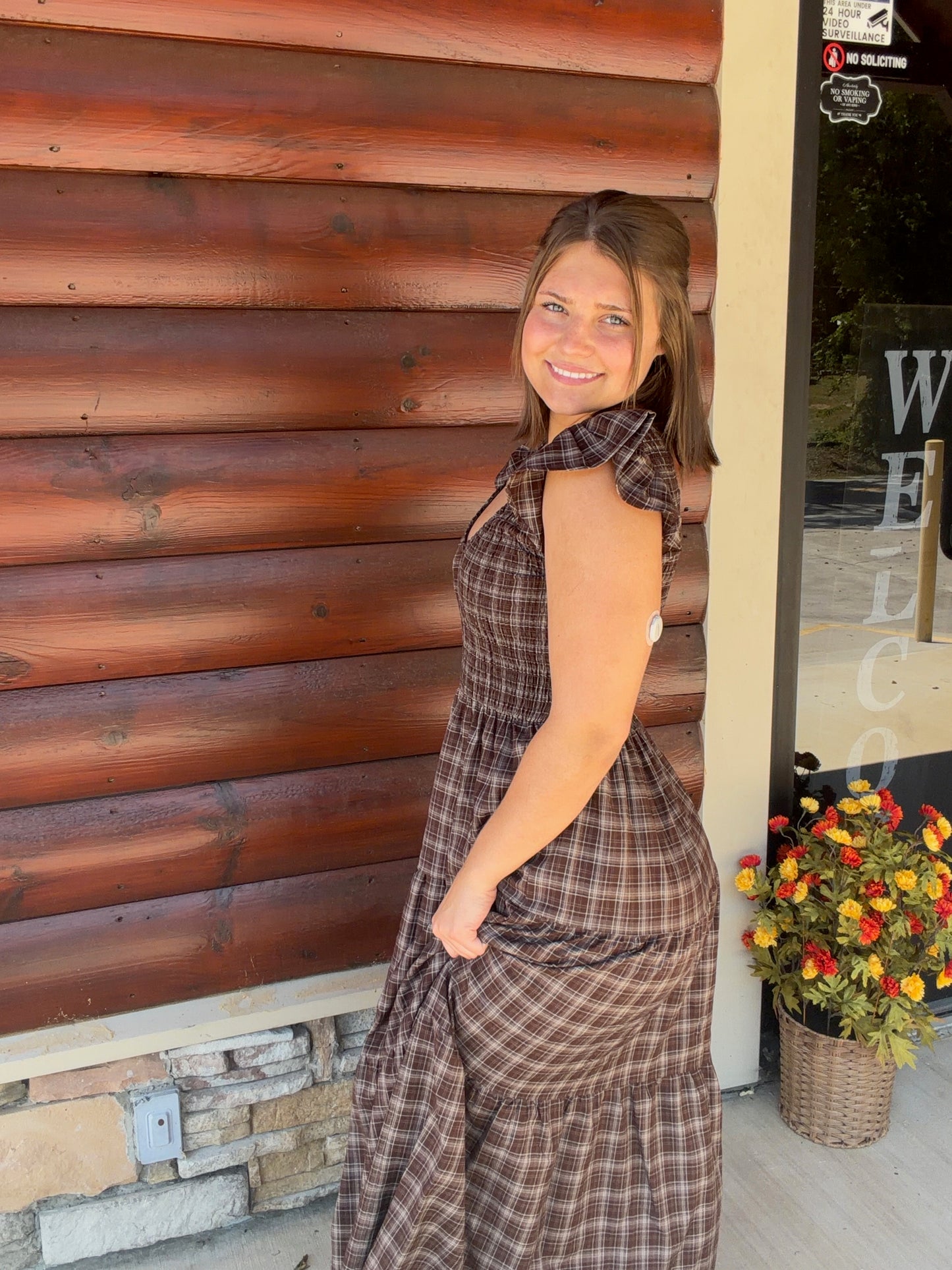 Plaid Vneck Smocked Tiered Midi Dress
