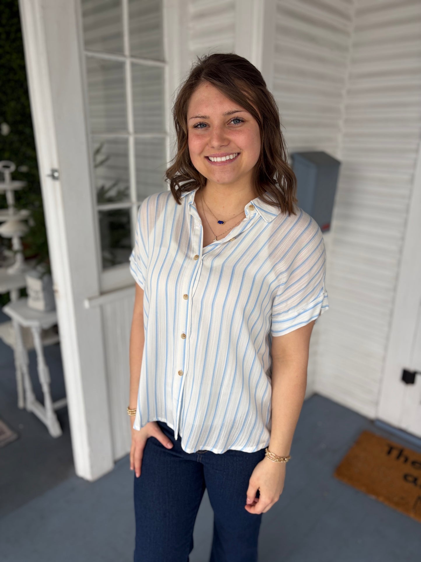 Blue Stripe SS Button Down Top