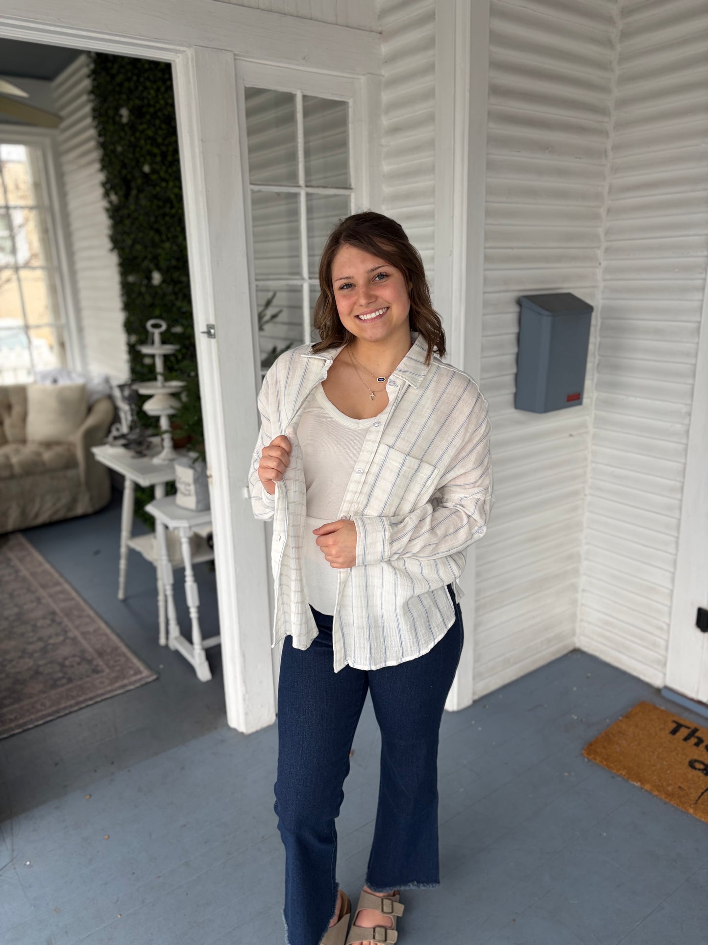 Blue Stripe Gauze LS Top