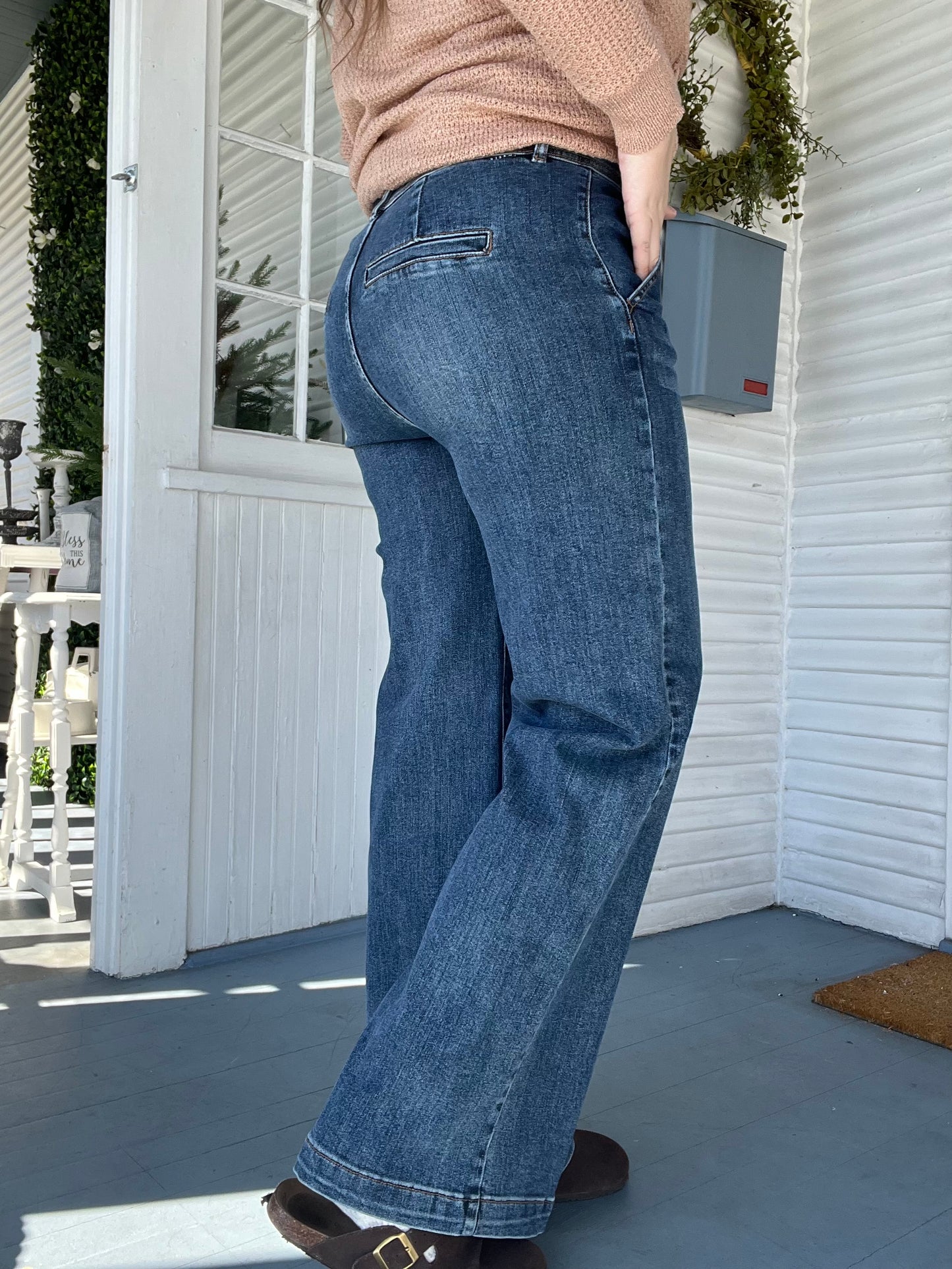 High Rise Double Button Wide Leg Jeans