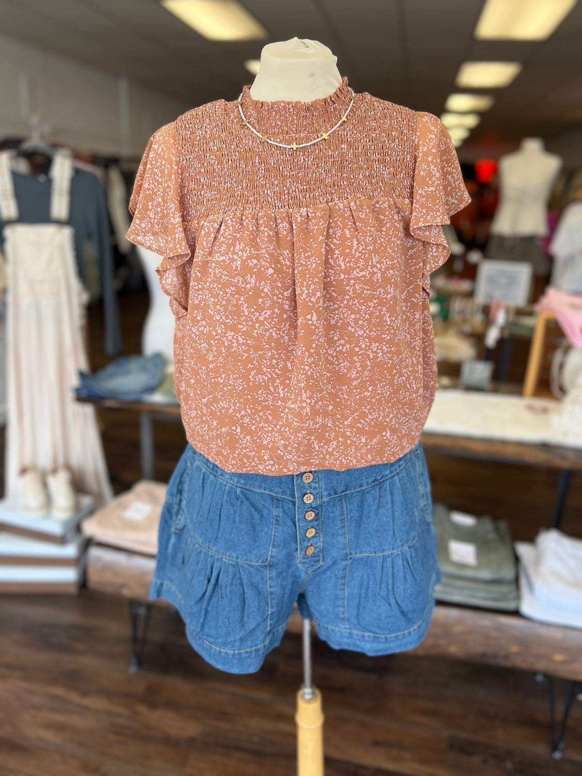 Smocked Floral Ruffle Sleeve Blouse