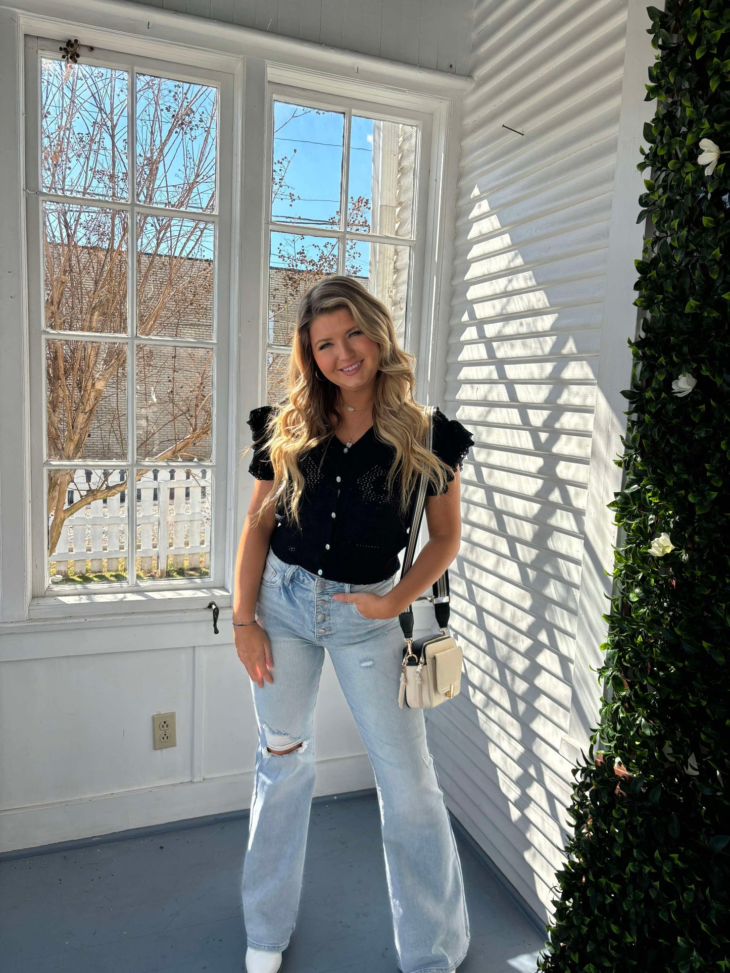 Lace Ruffle Sleeve Knit Button Top