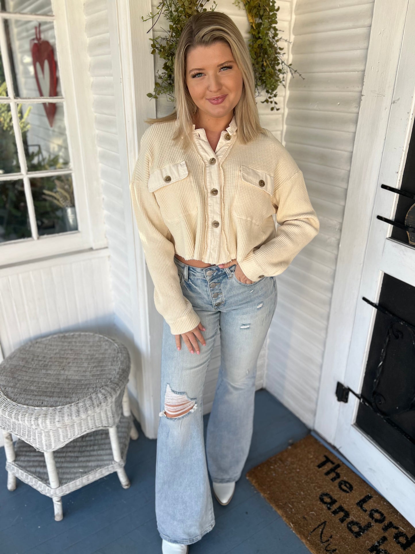 Cropped Waffle Knit Jacket