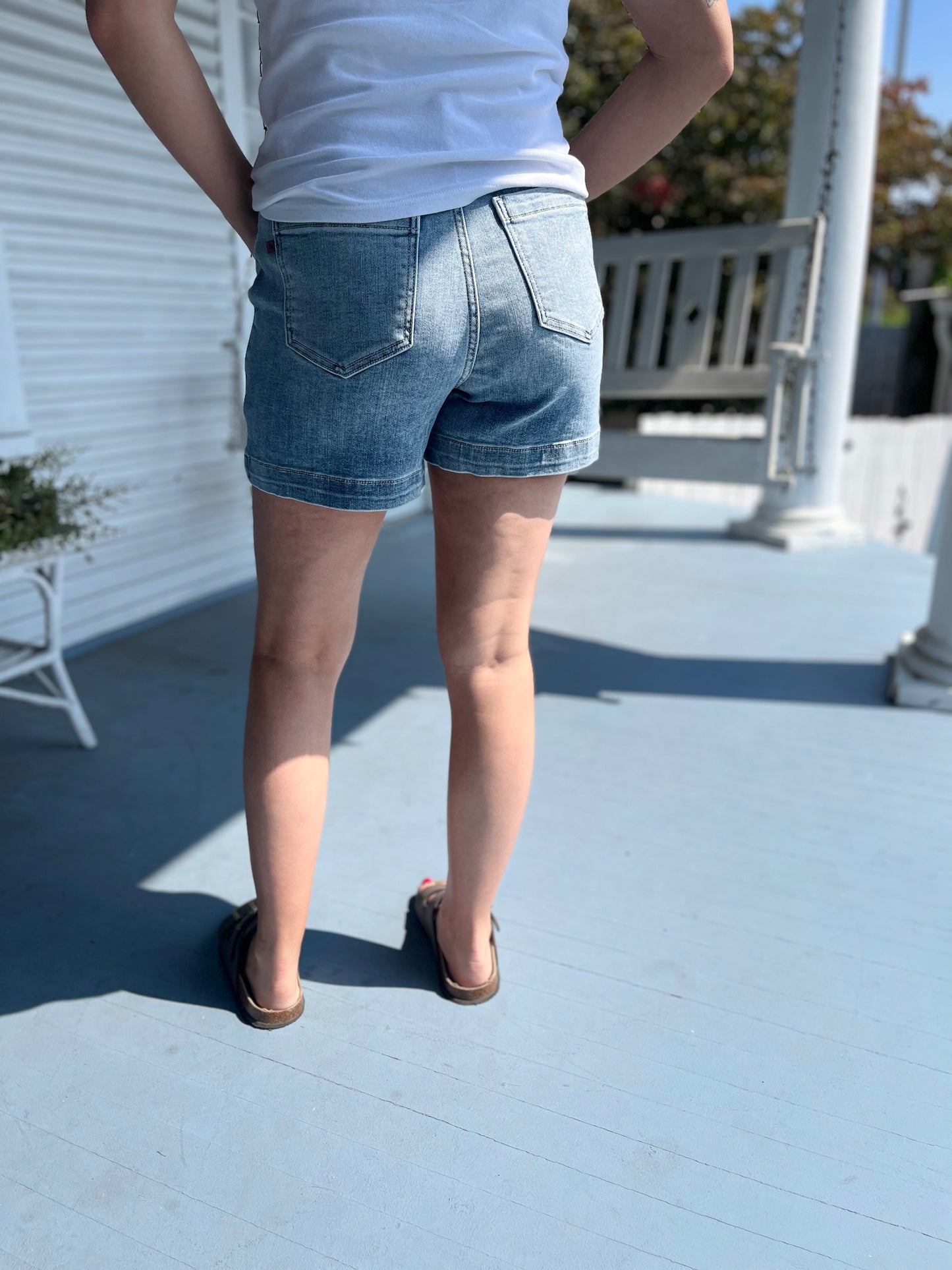 High Waist Patched Pocket Denim Shorts