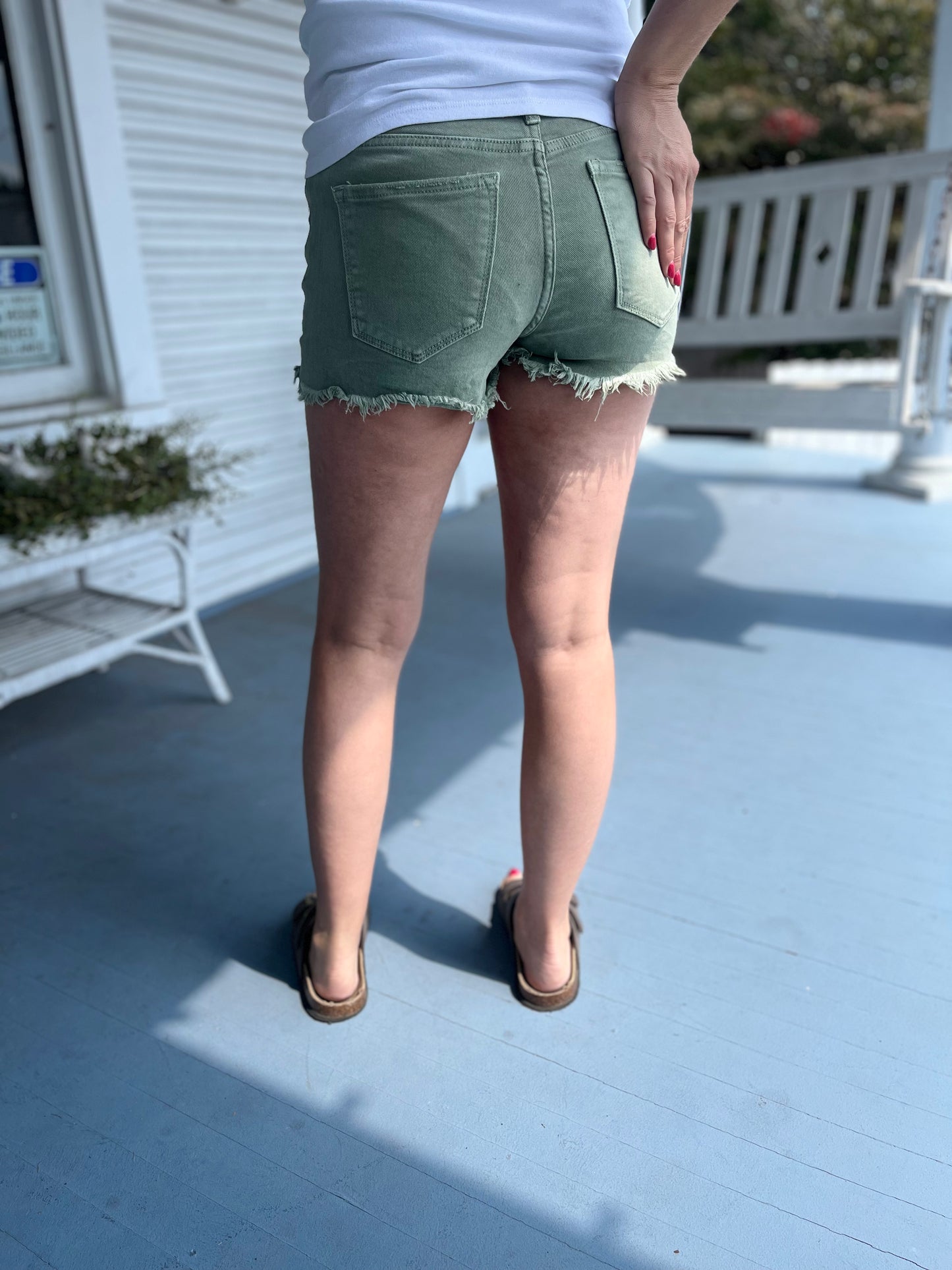 Mid Rise Frayed Hem Green Denim Shorts