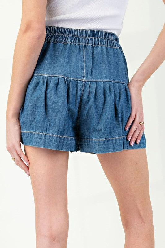 Pleated Button Down Denim Shorts