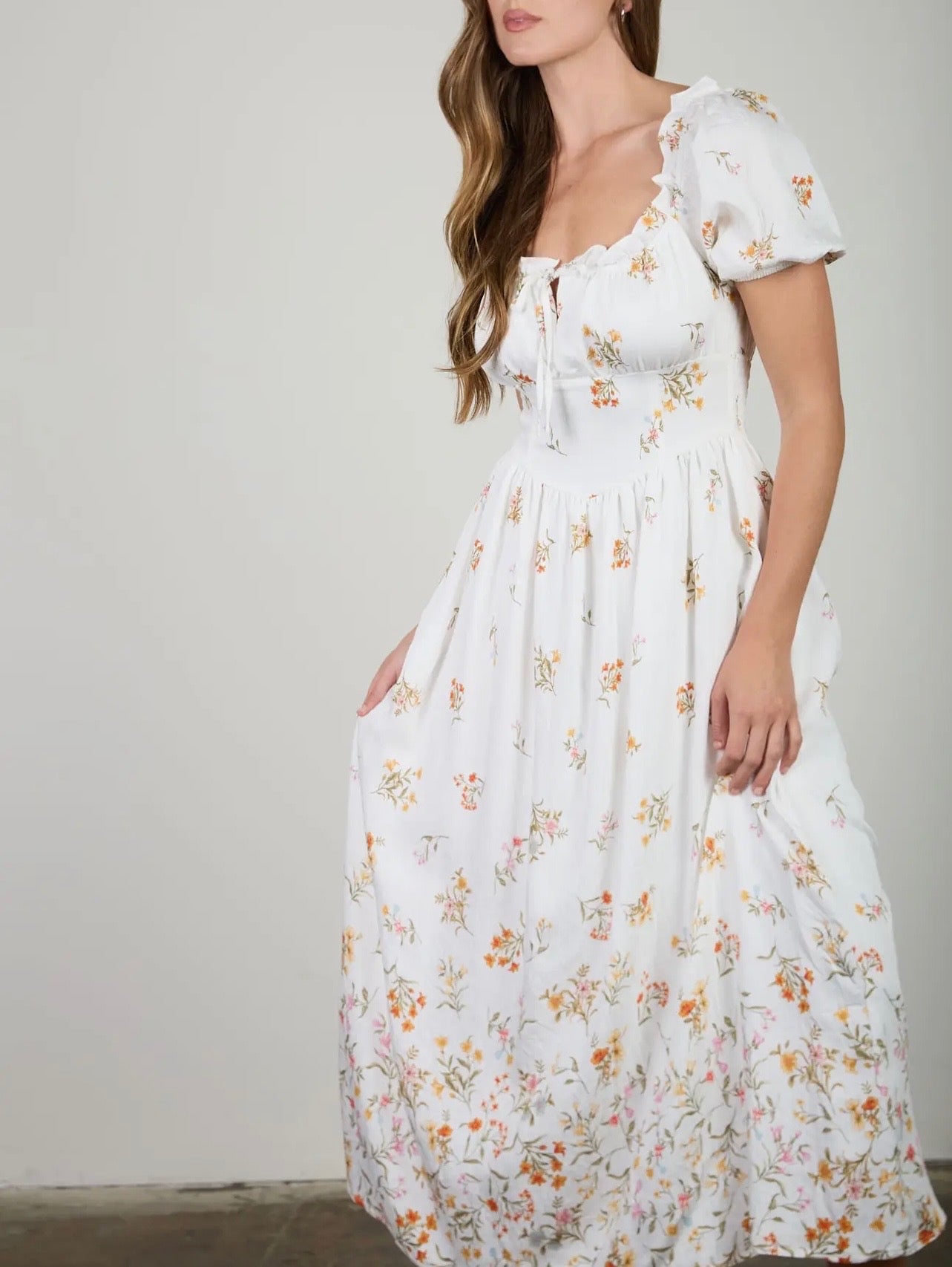 Falling Floral Puff Sleeve Corset Midi