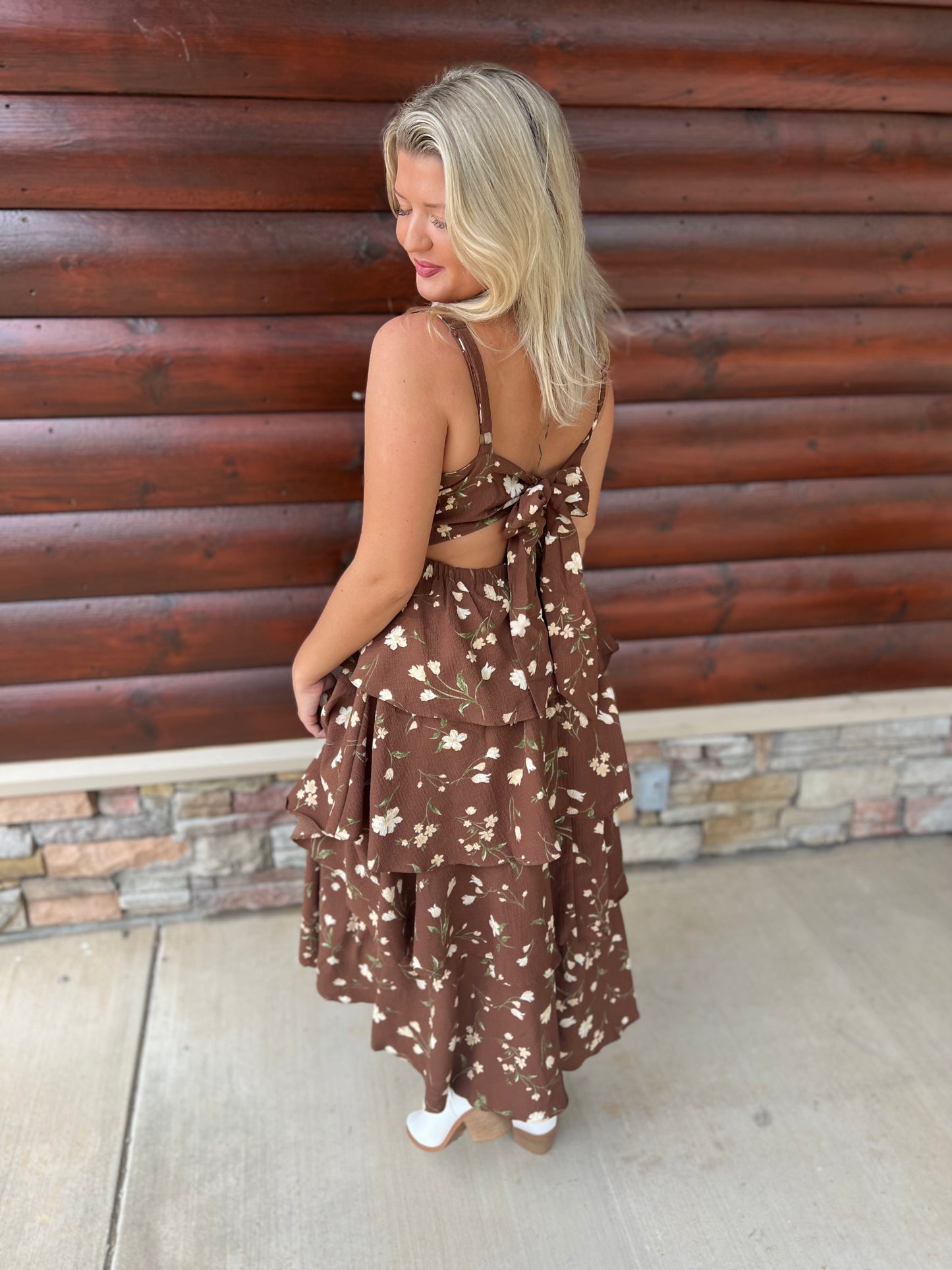 Floral Ruffle Tiered Back Tie Midi