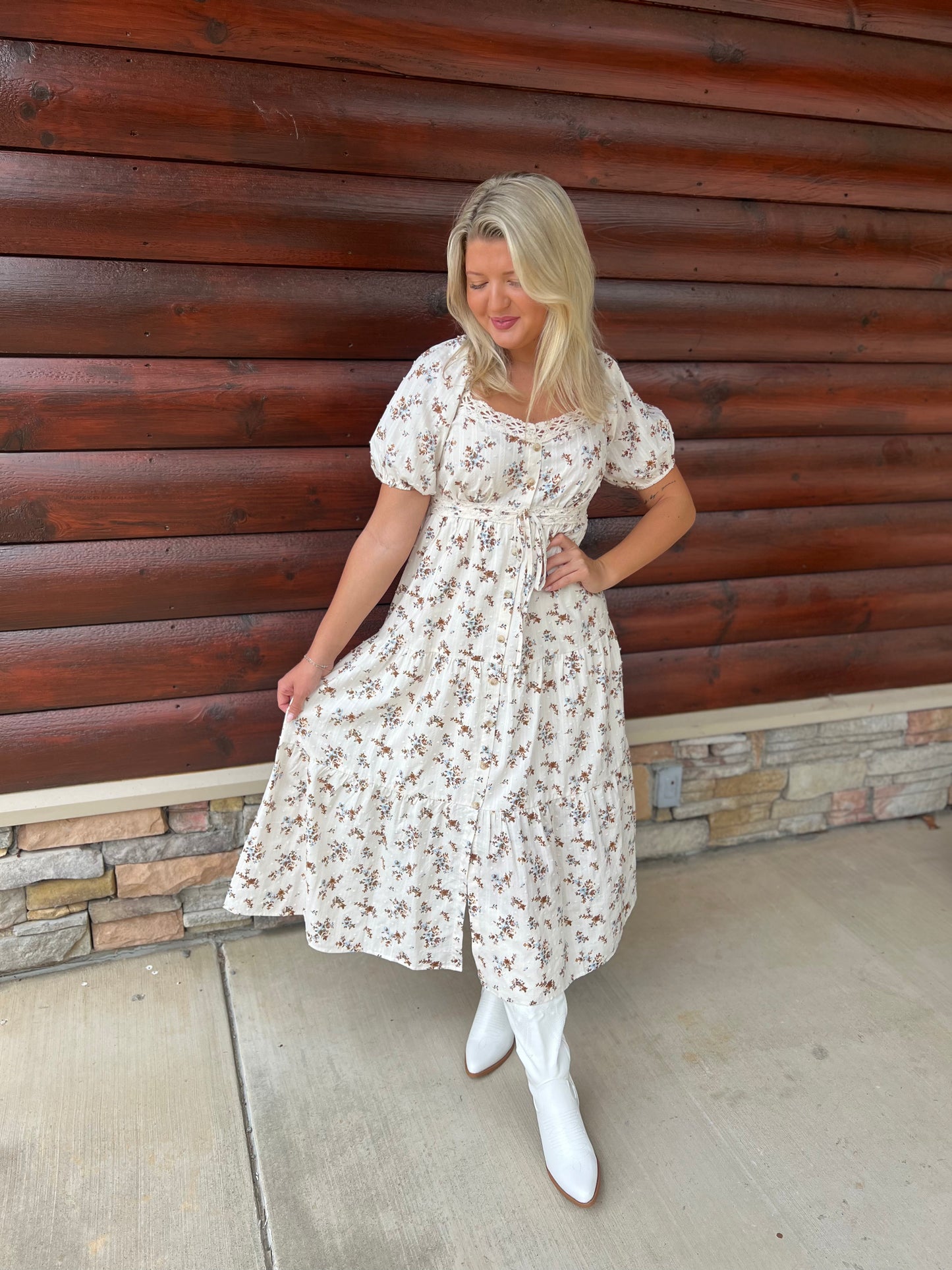 Floral Clip Dot Lace Trim Midi