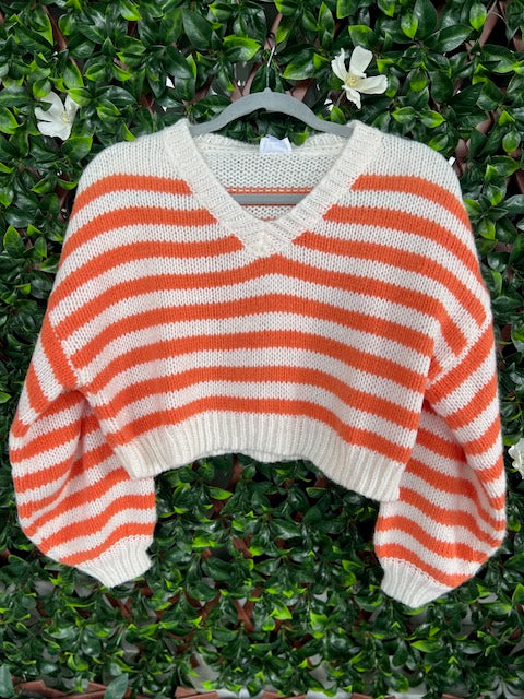 Orange & White Cropped Knit Sweater