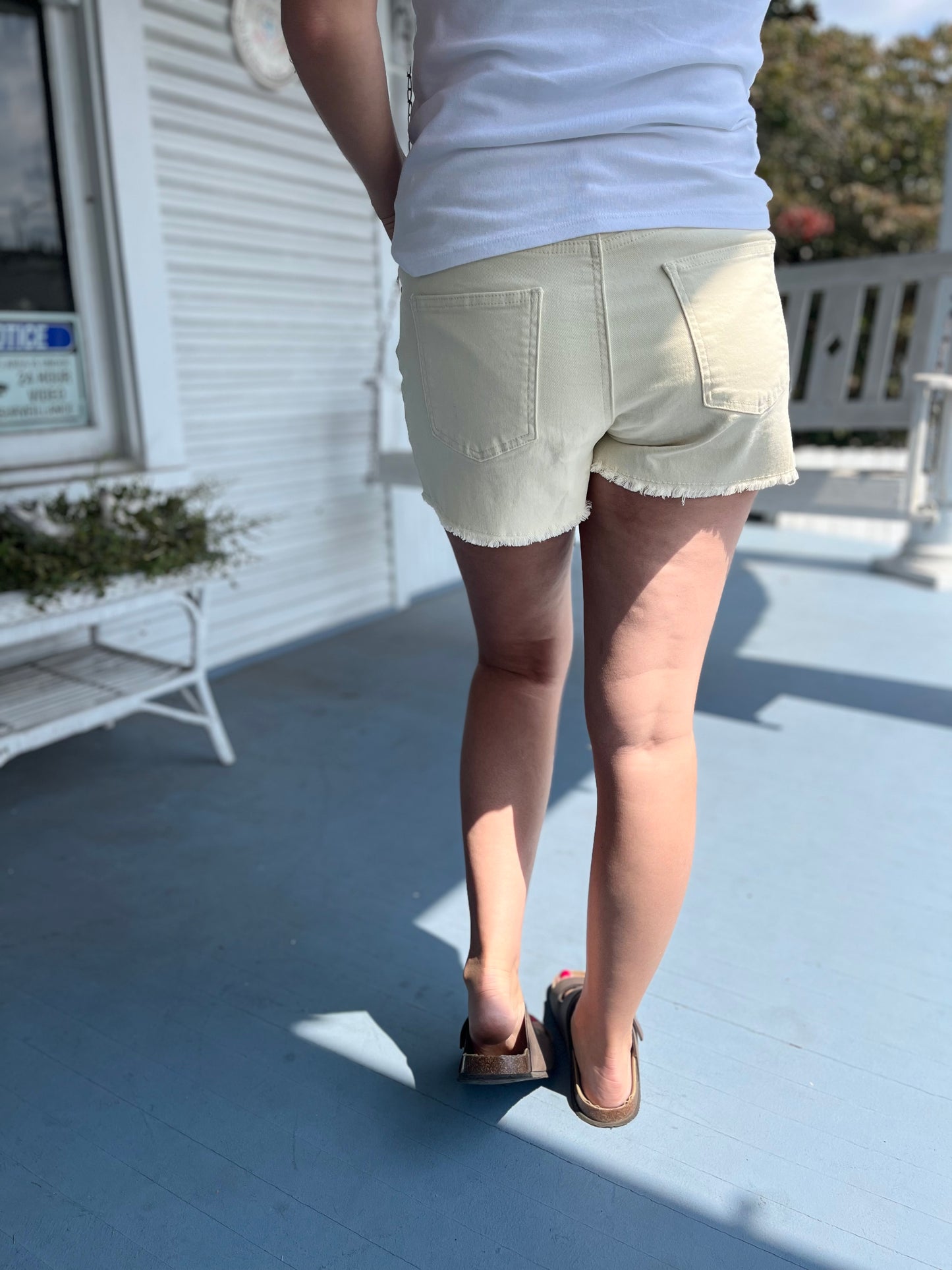 Frayed Hem Cream Denim Shorts