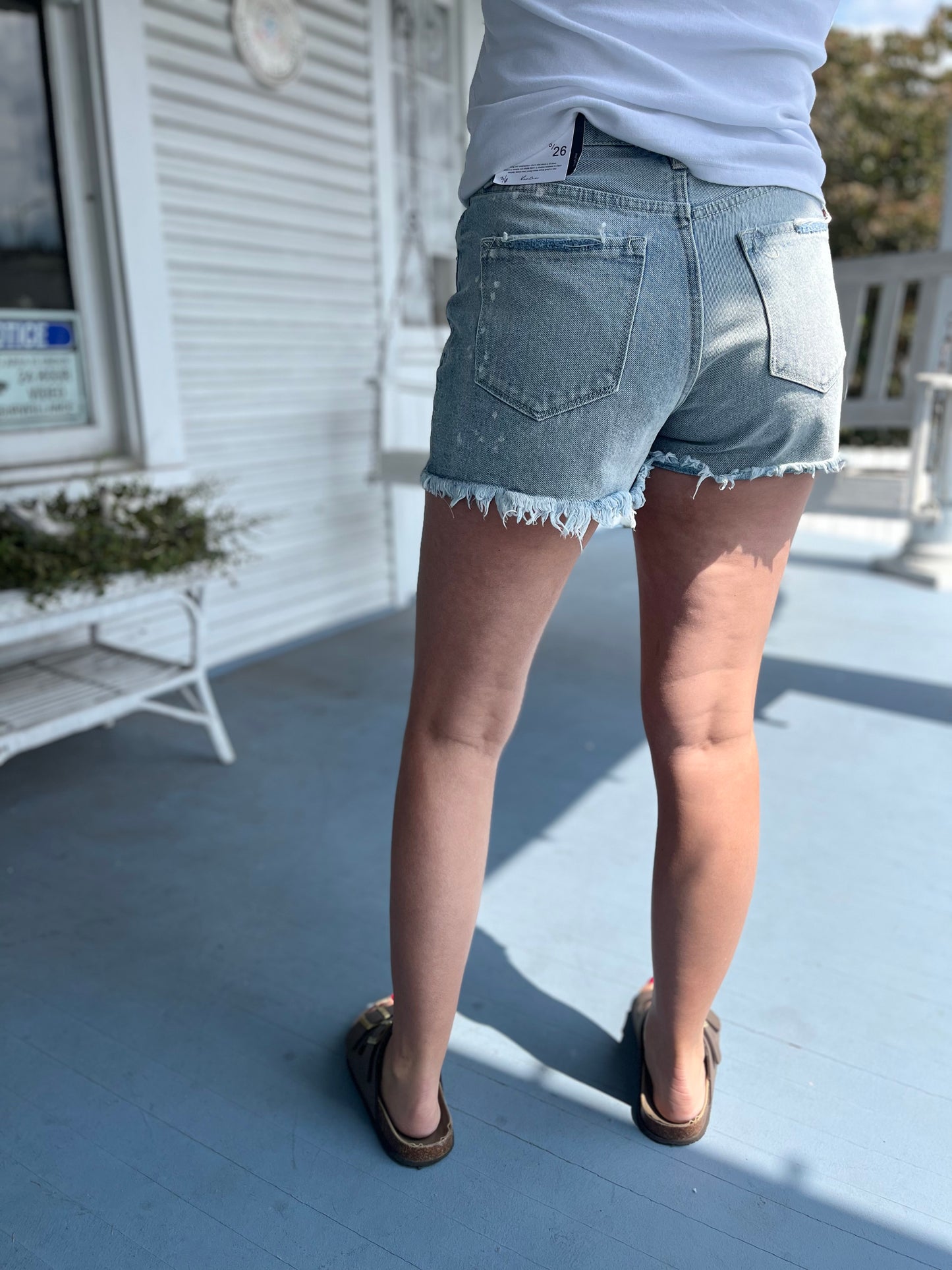High Rise Frayed Hem Splatter Denim Shorts