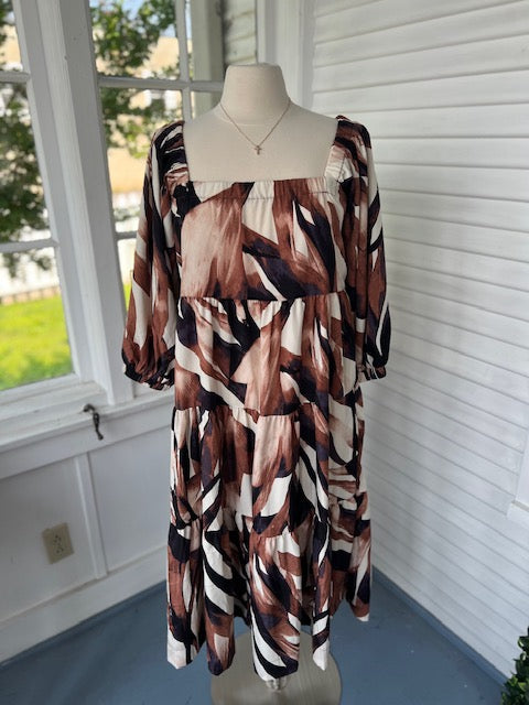 Brown Leaf Tiered Midi Dress