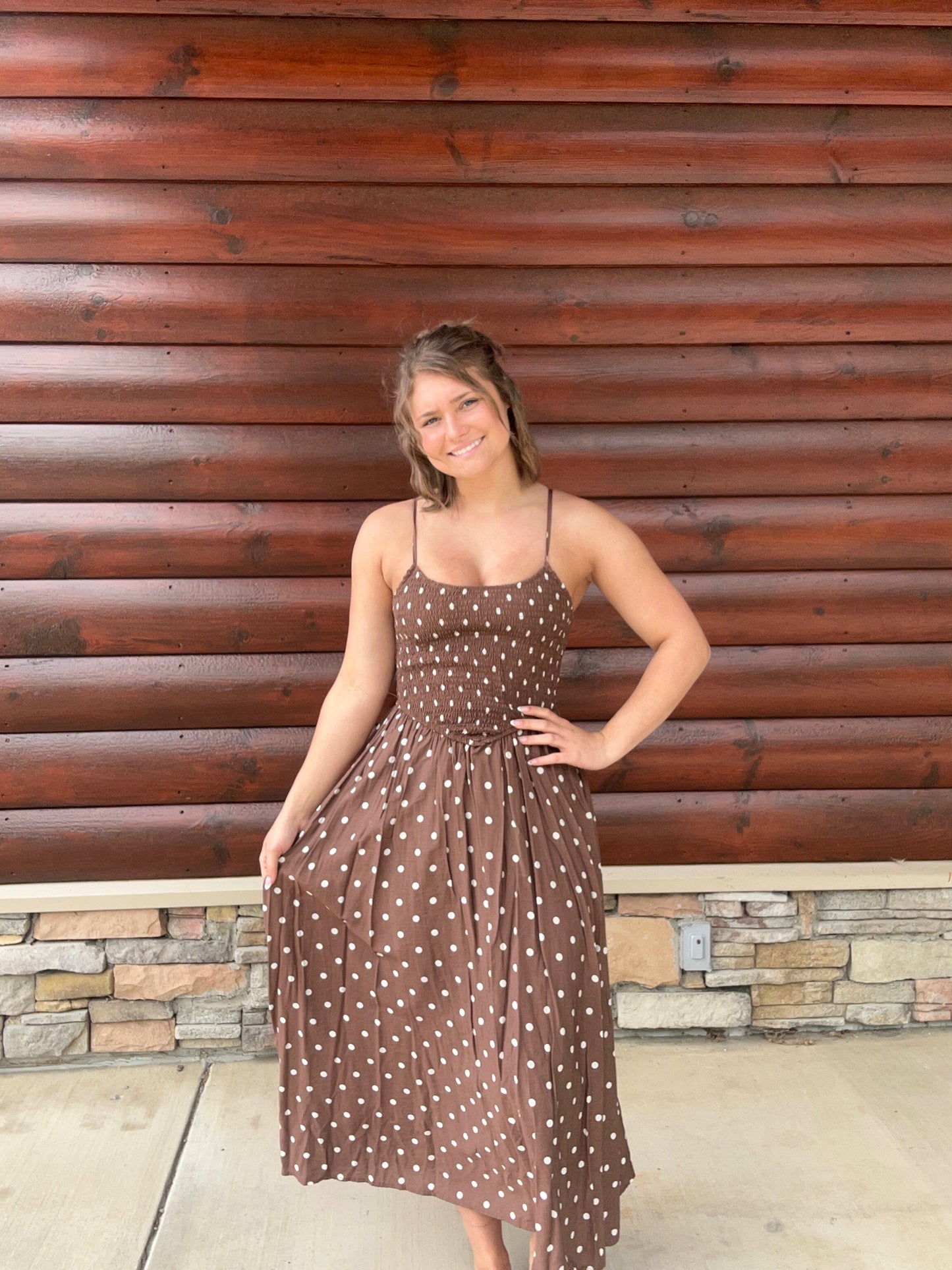 Polka Dot Smocked Basque Waist Midi