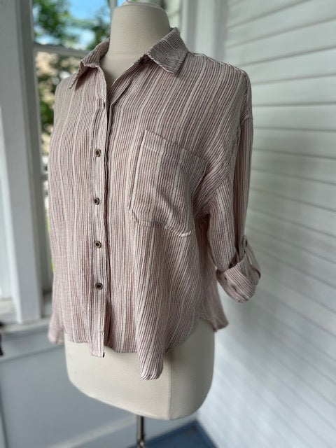 Stripe Gauze Button Top