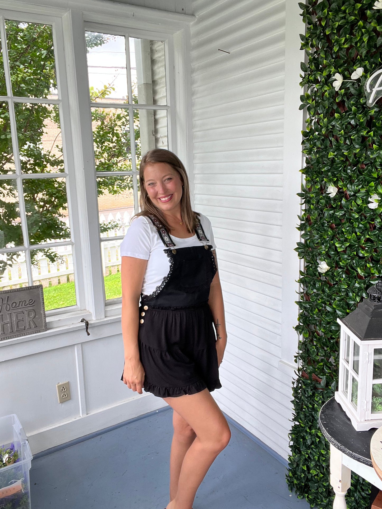 Lace Trim Overalls Romper