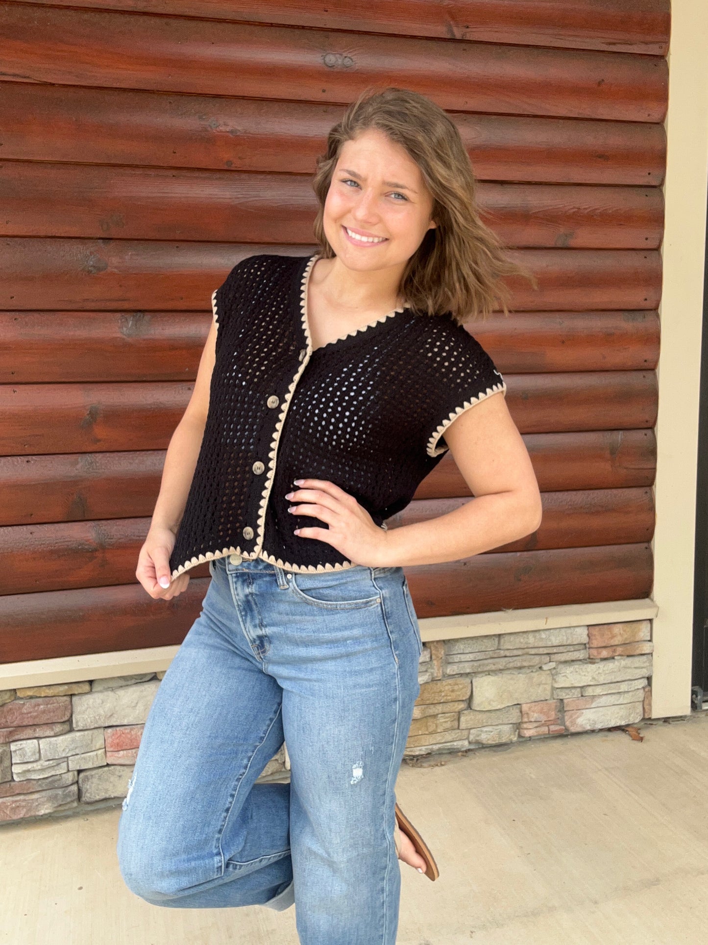 Contrast Stitch Crochet SS Cardigan