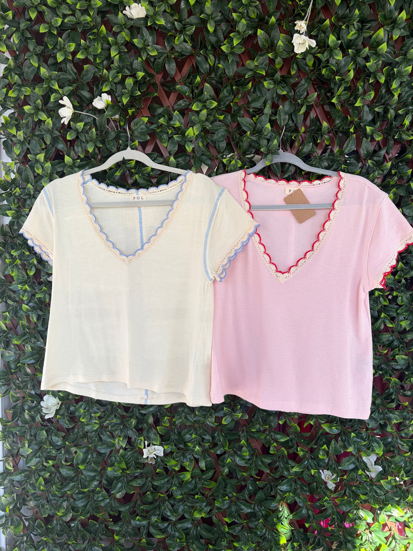 Vneck Crochet Trim Tee
