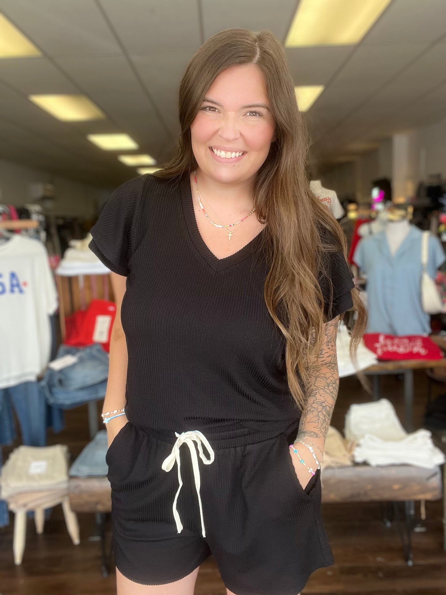 Black Ribbed Casual Shorts