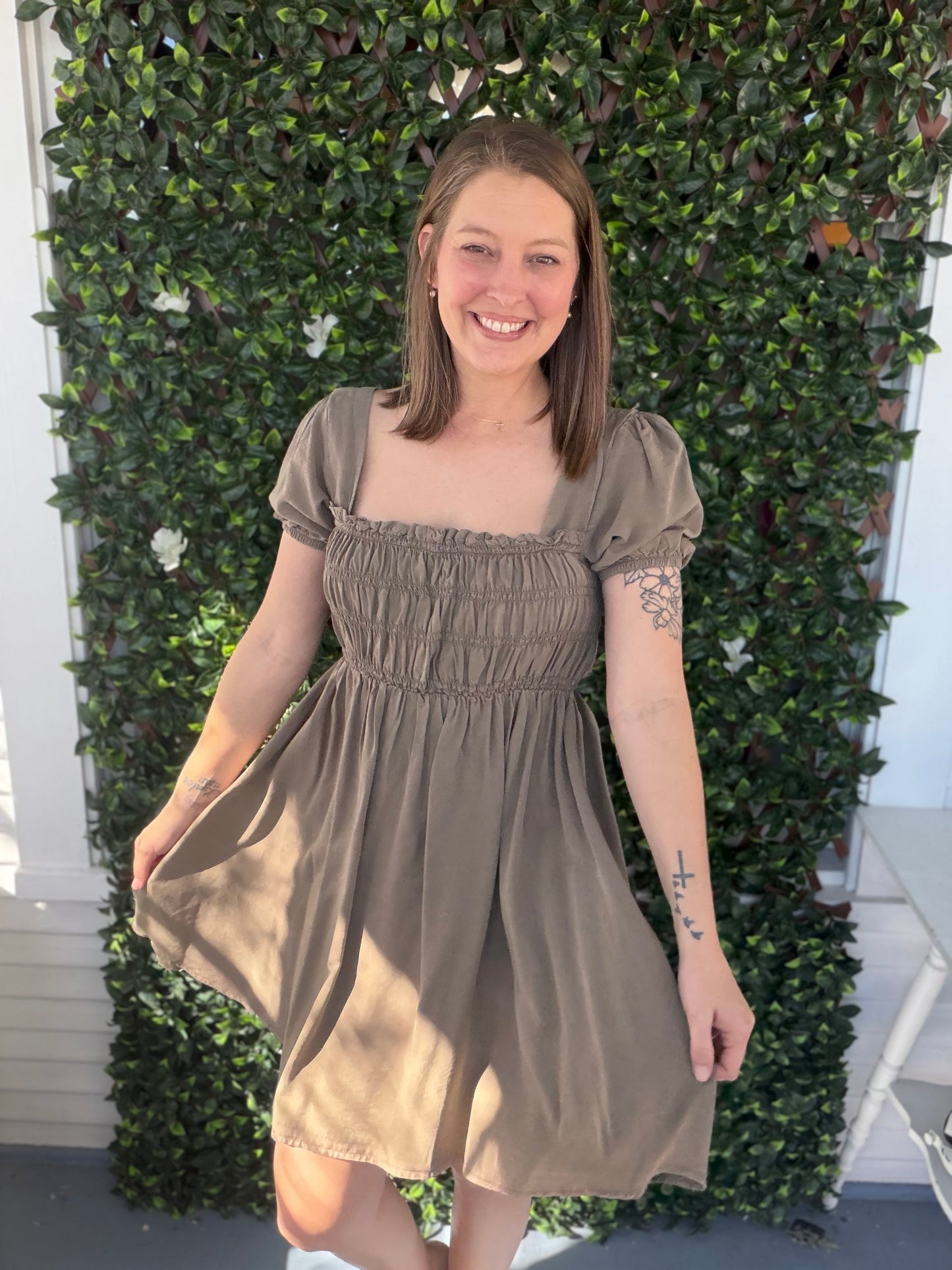 Brown Smocked Mini Dress