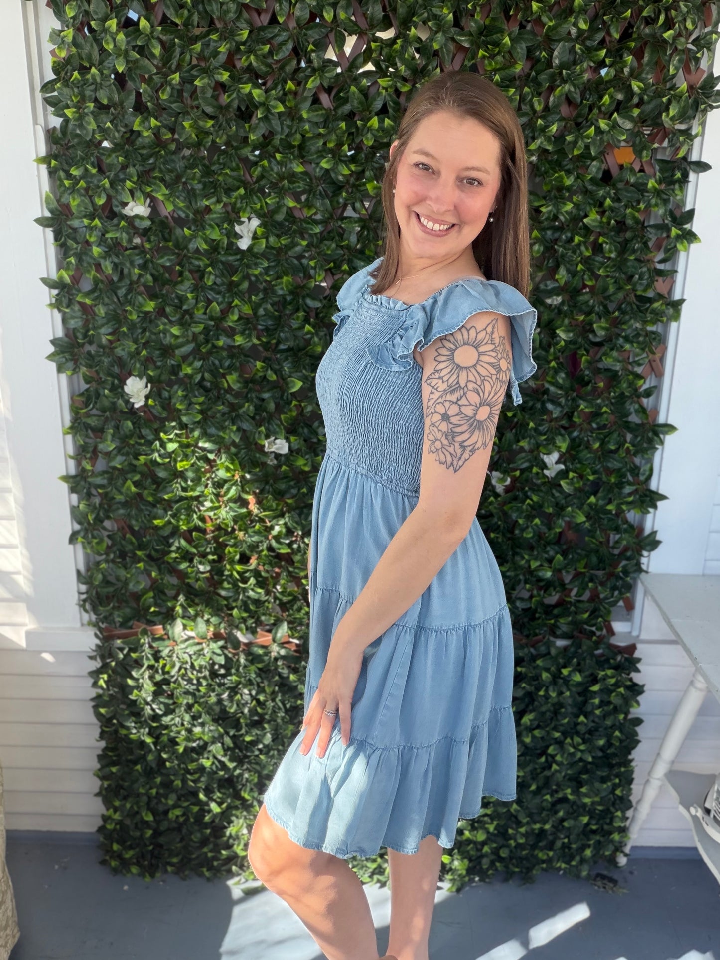 Smocked Chambray Tiered Dress