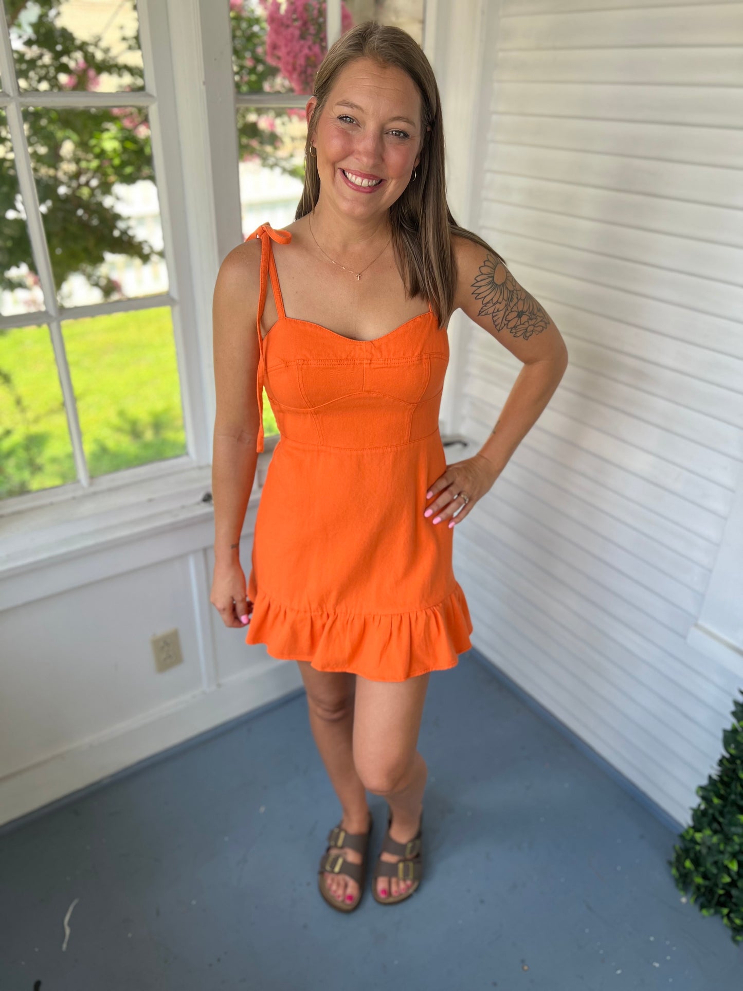Tie Shoulder Orange Denim Dress