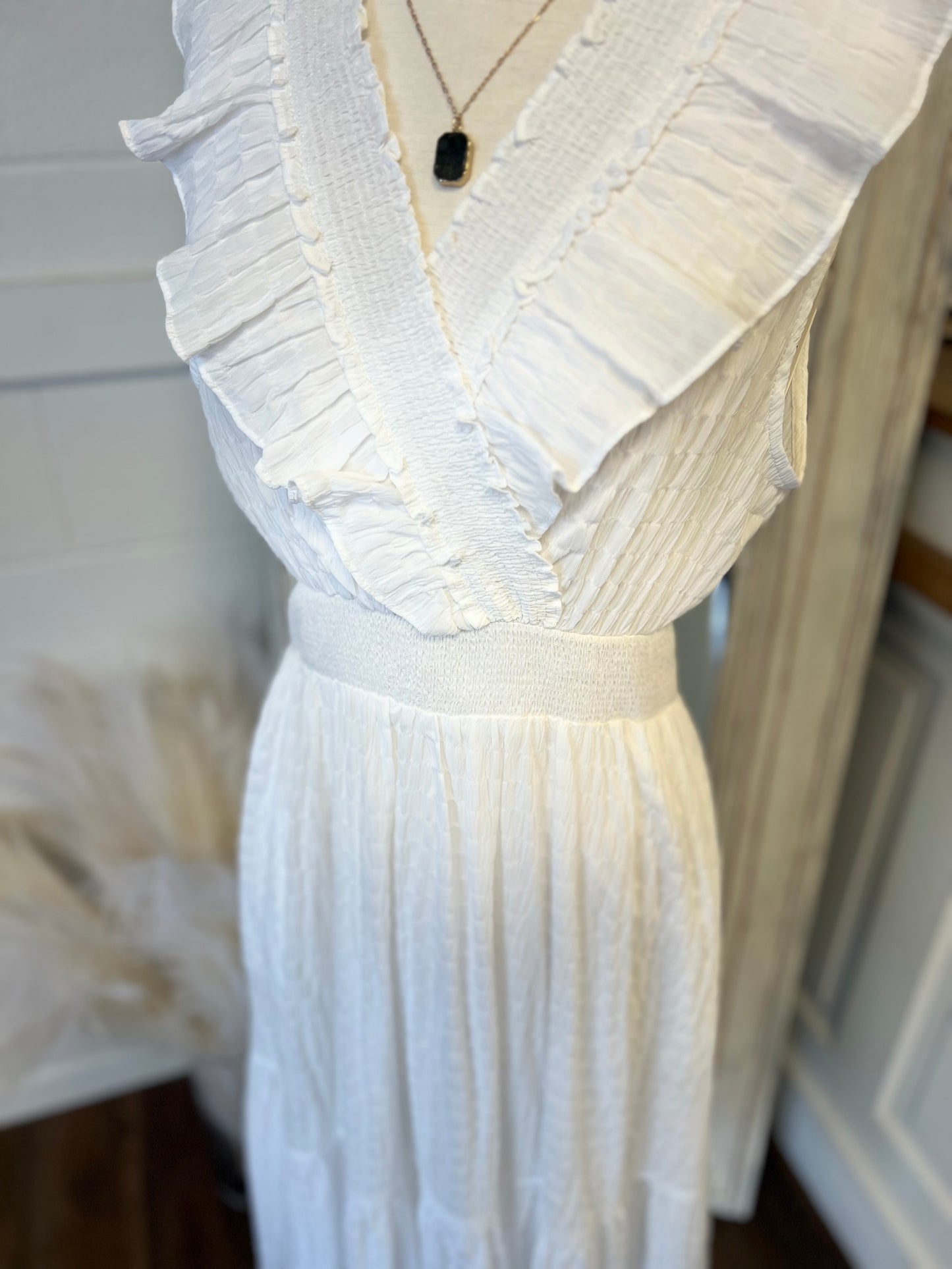 White Ruffle Vneck Dress