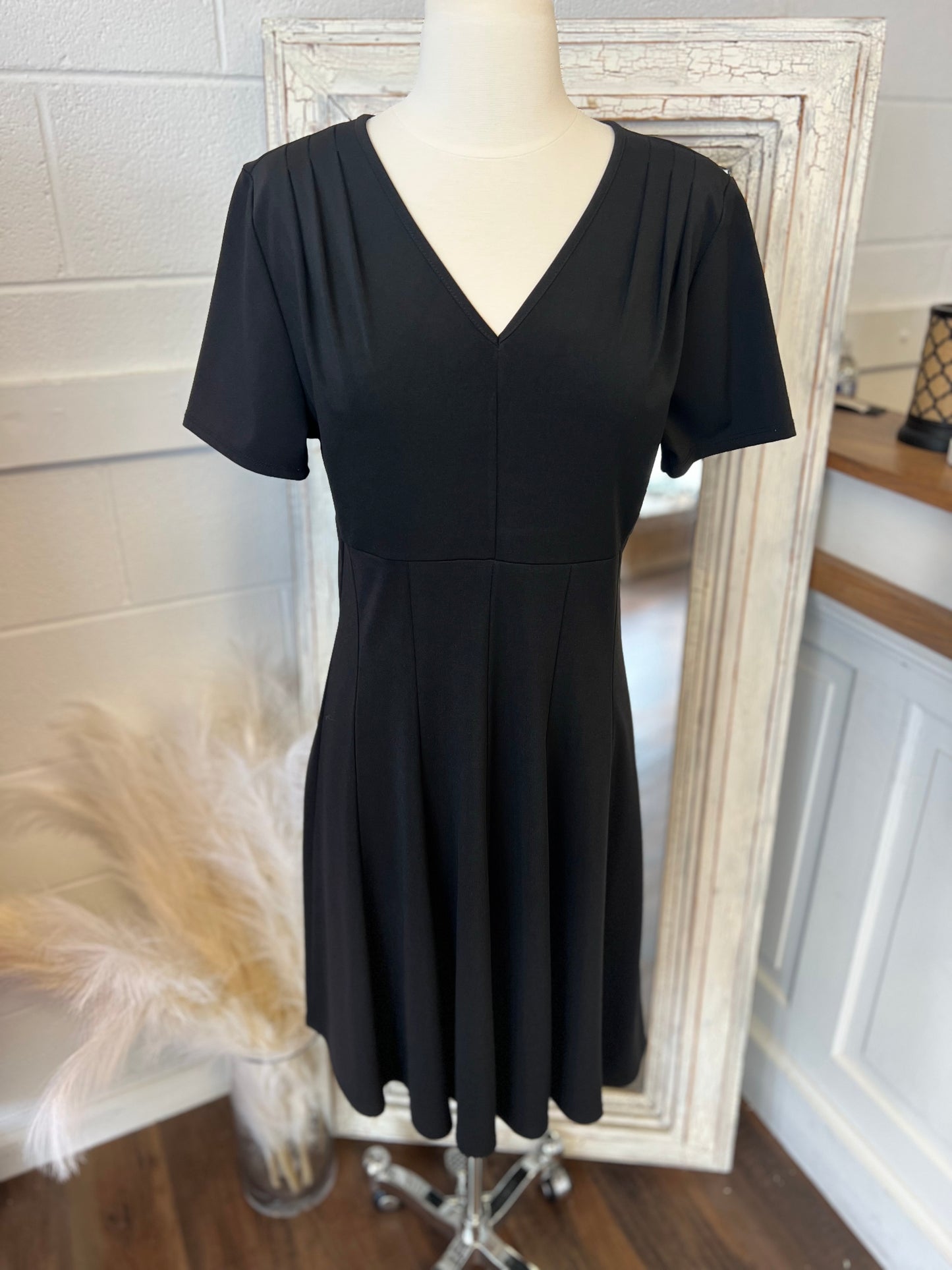 Black Pleated Vneck Dress