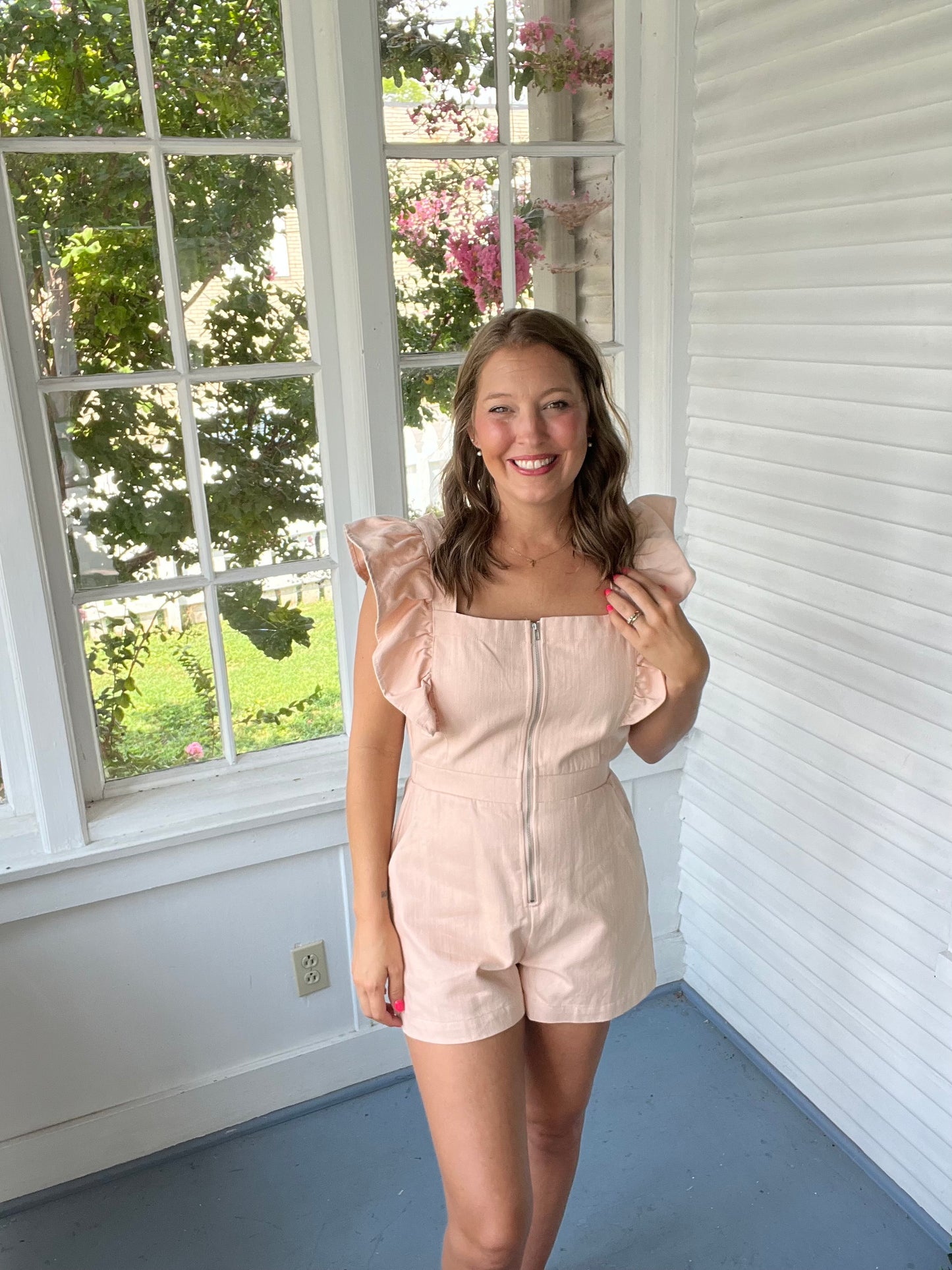 A17-Ruffle Sleeve Denim Romper