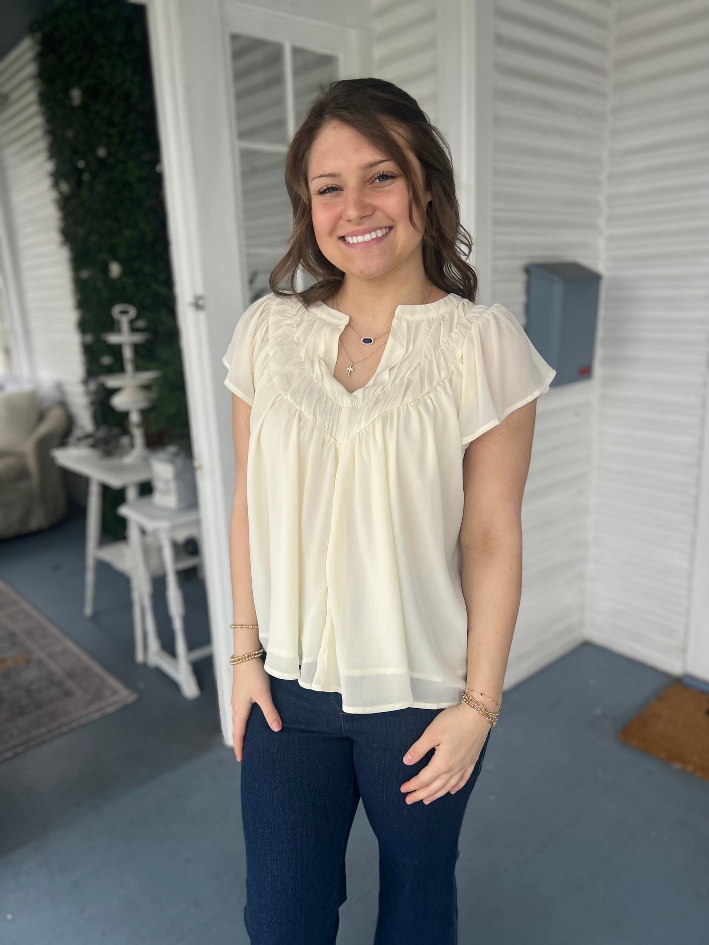 V-Neck Flutter Sleeve Blouse