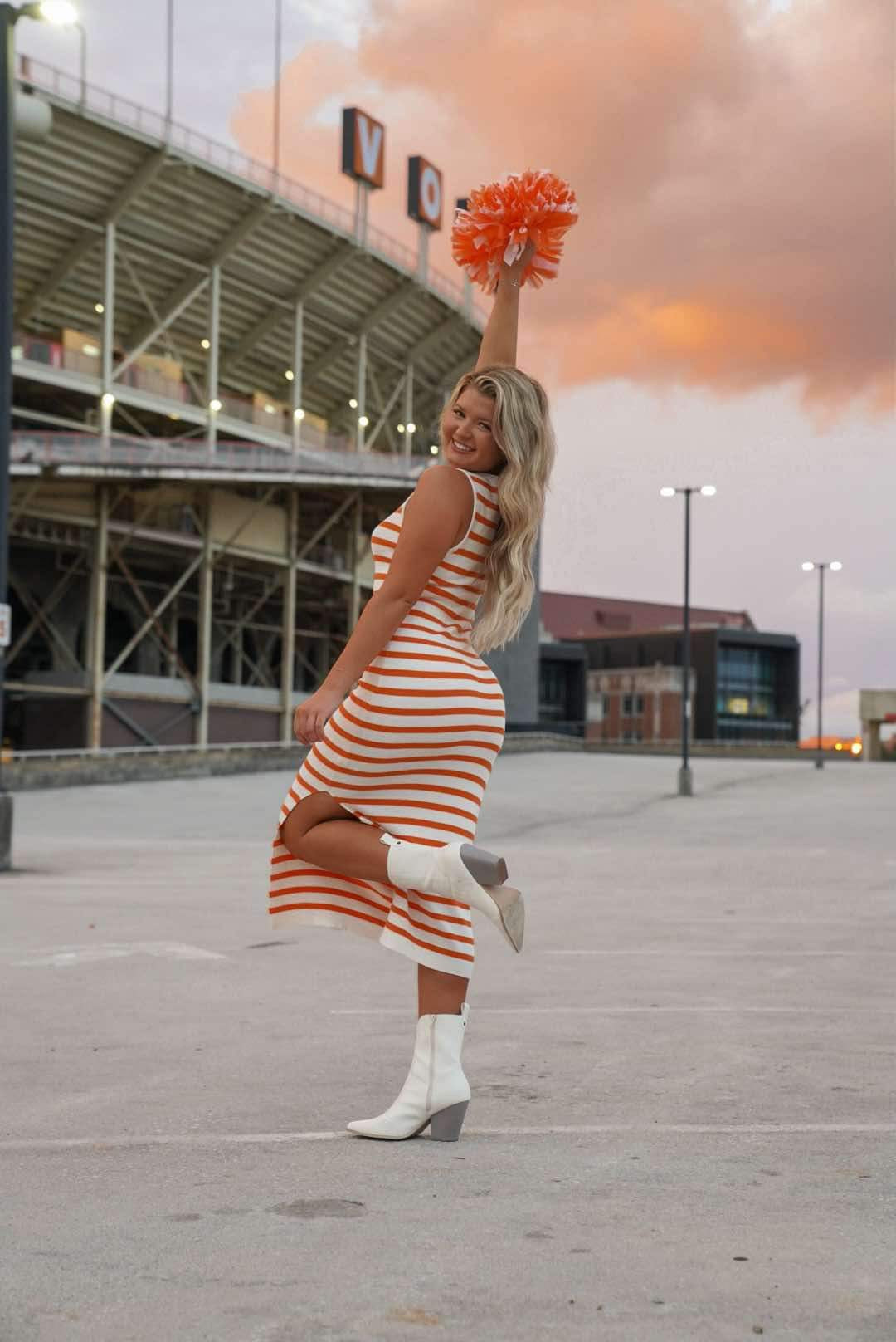 Orange/White Sleeveless Midi Dress