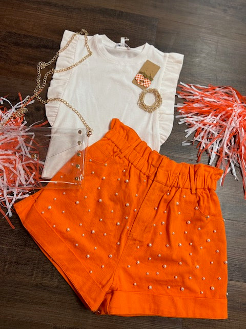 Orange Denim Pearl Shorts