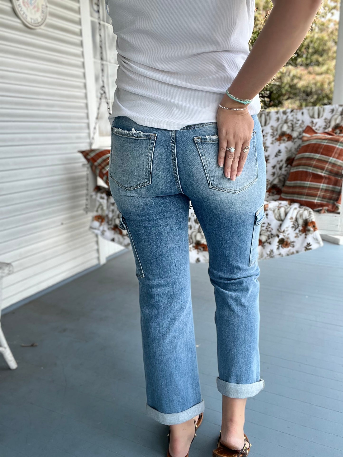 High Rise Crop Straight Cargo Roll Up Jeans